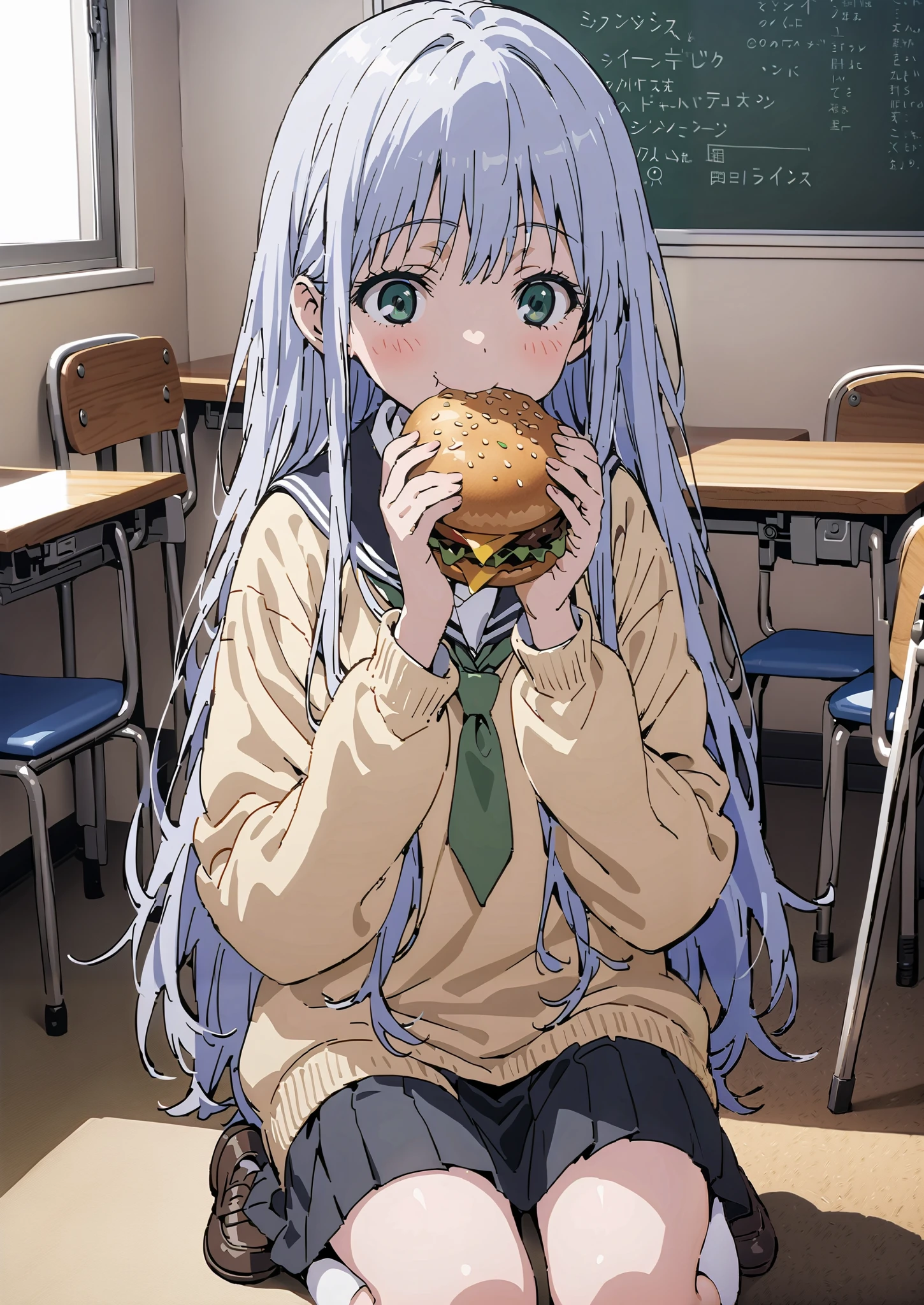  Prohibited bibliography, both eyes,  Silver Hair, long hair, smile,blushes,Black sailor suit, yellow cardigan ,black pleated skirt,white high socks,loafers,chairsに座っている, holding a hamburger with both hands,eating hamburger,noon,machine, blackboard ,chairs,full bodyがイラストに入るように,break indoors,classroom,
full body,
break (masterpiece:1.2),top quality , kampala, Unity 8K Wallpaper ,(shape:0.8),It's a person ,full body写真,CG Details , (perfect hands,complete anatomy),