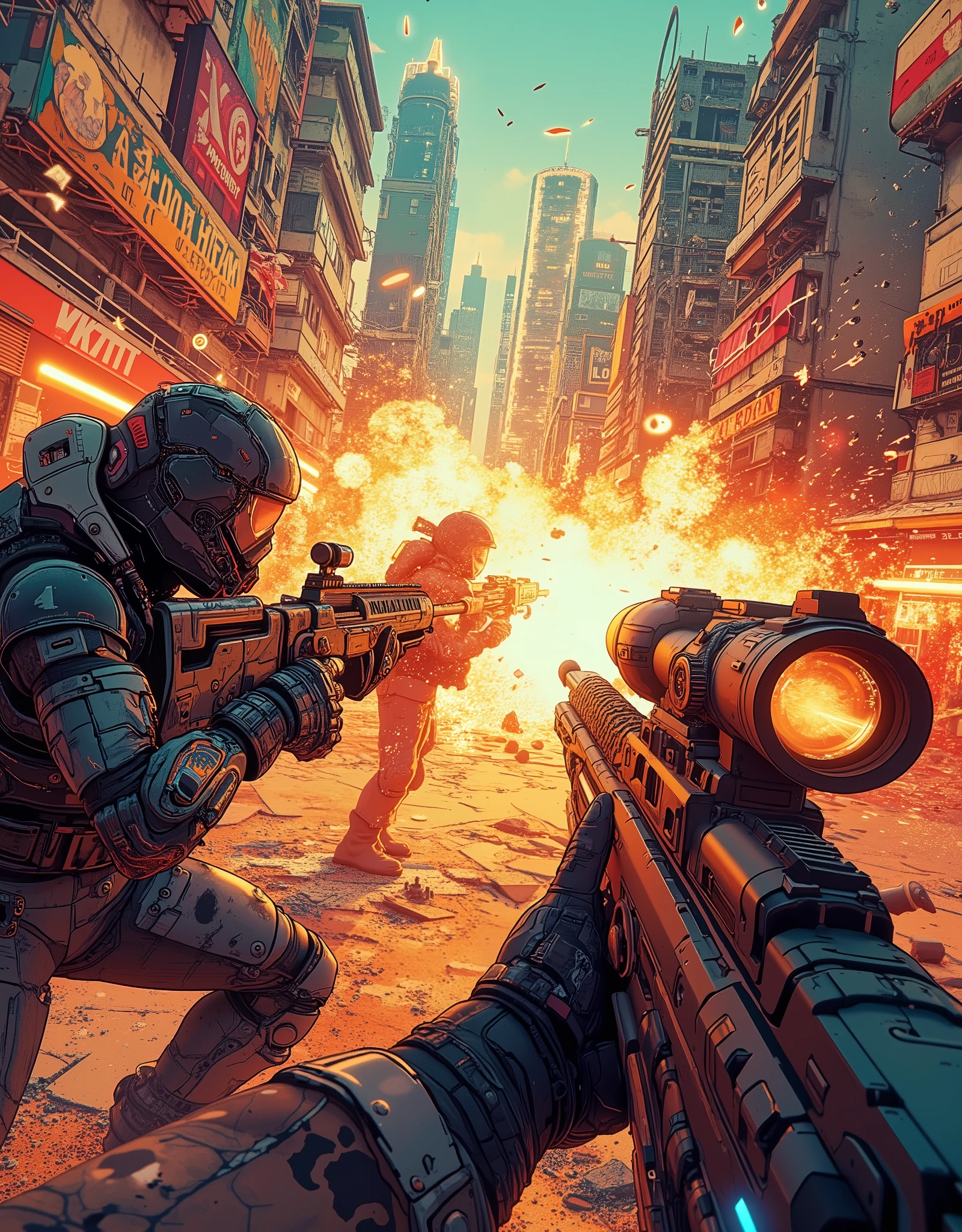 (masterpiece:1.2, excellent quality,Mirror Finish , MOVIE EXPERIENCE , best illustration:2.0,Super Detail),8k,16k,wallpaper,(cyberpunkの銃撃戦),(cyberpunk:2.0),(Near Future City:2.0),(first-person view),(背景は廃墟となったカラフルでディストピア的なcyberpunk都市が見えている),(Chaotic footage of a fierce shootout with cyber-enhanced mercenaries),(Show rifles),(COMIC STYLE EFFECTS),(FIRST PERSON PERSPECTION OF EXPLOSIONS AND BULLETS CROSSING THE BATTLEFIELD),(The riflescope shows a colorful, dystopian cyberpunk city in ruins)