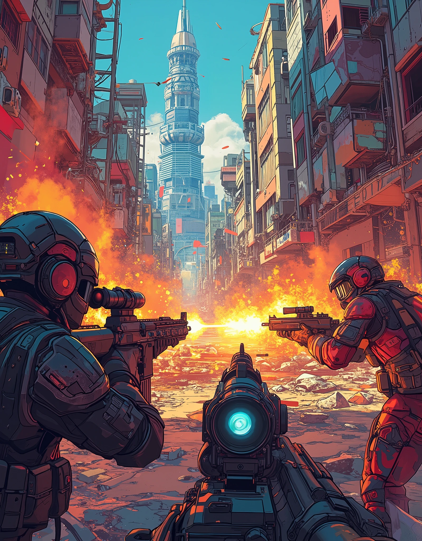 (masterpiece:1.2, excellent quality,Mirror Finish , MOVIE EXPERIENCE , best illustration:2.0,Super Detail),8k,16k,wallpaper,(cyberpunkの銃撃戦),(cyberpunk:2.0),(Near Future City:2.0),(first-person view),(背景は廃墟となったカラフルでディストピア的なcyberpunk都市が見えている),(Chaotic footage of a fierce shootout with cyber-enhanced mercenaries),(Show rifles),(COMIC STYLE EFFECTS),(FIRST PERSON PERSPECTION OF EXPLOSIONS AND BULLETS CROSSING THE BATTLEFIELD),(The riflescope shows a colorful, dystopian cyberpunk city in ruins)