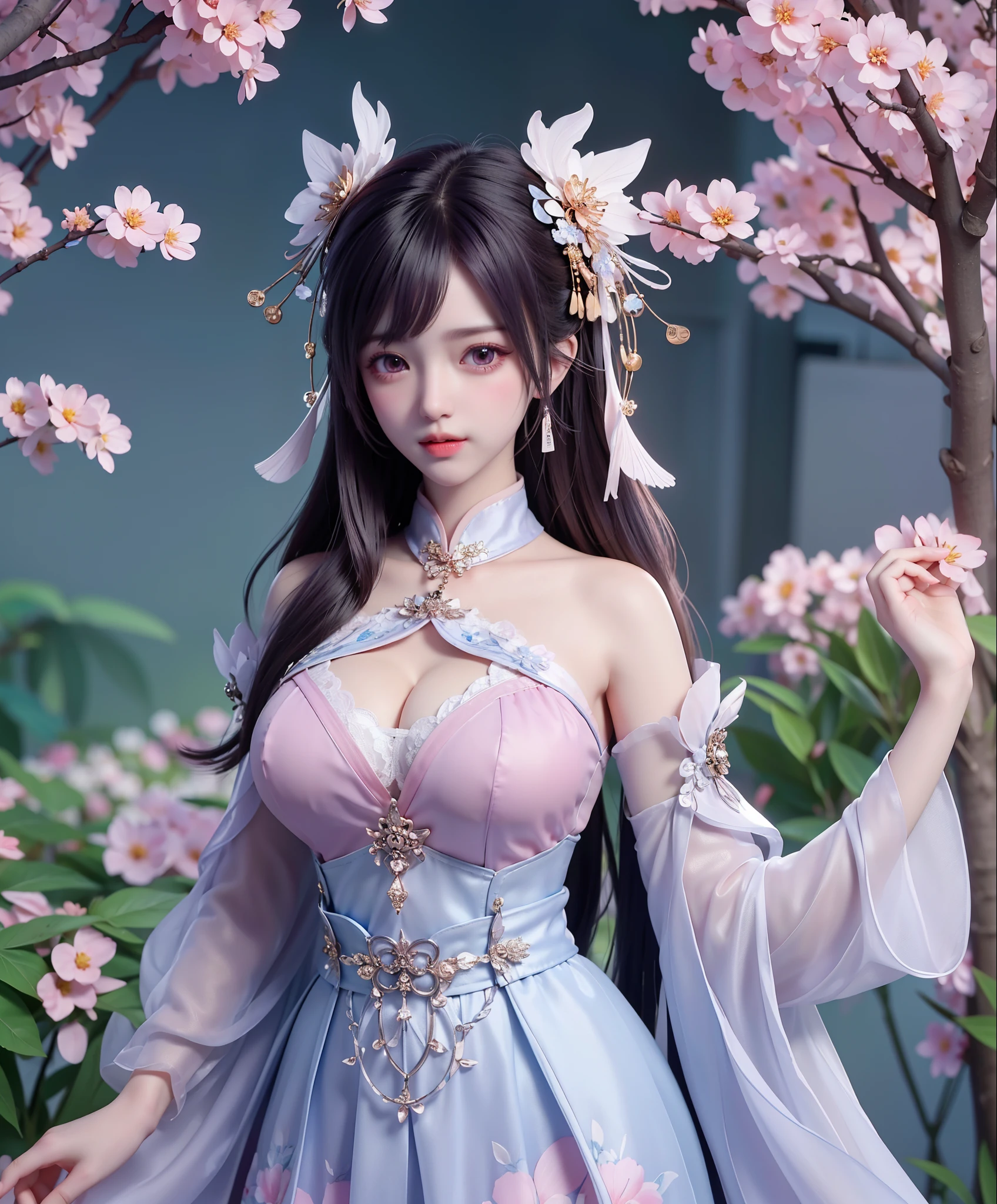 sexually provocative( 8k, RAW photo:1.2), best quality, ultra high res,dramatic angle,(fluttered detailed color splashs), (illustration),(((godess young))),(long hair),(rain:0.9), (Headdress:1.4),There is an ancient palace beside the girl,Hanfu,(Key Points),Color ink painting,(Splash of Color),Splash of Color,(((colorful))),(sketch:0.8) , Masterpiece, best quality, beautiful painted, highly detailed,(denoising:0.6),[splash ink],((ink refraction)), (beautiful detailed sky),moon,highly,detaild,(masterpiece, best quality, extremely detailed） CG Unity 8k Wallpaper，masterpiece，best quality，Ultra Detailed），（Lycoris）. hanfu open v open V-chested clothes Thin silk lace dress , (huge ，cleavage),, white pink and gren，best qualtiy，tmasterpiece，Ultra-high resolution，（Reality：1.4），RAW photogr，（True skin texture：1.3），（filmgrain：1.3），（Selfie angle），1个Giant Breast Girl，Beautiful eye and face details，tmasterpiece，Best quality at best，，The chest more exposed， detailed bra purple and green , detail 8k, upper body, lace petticoatfishnet stockings