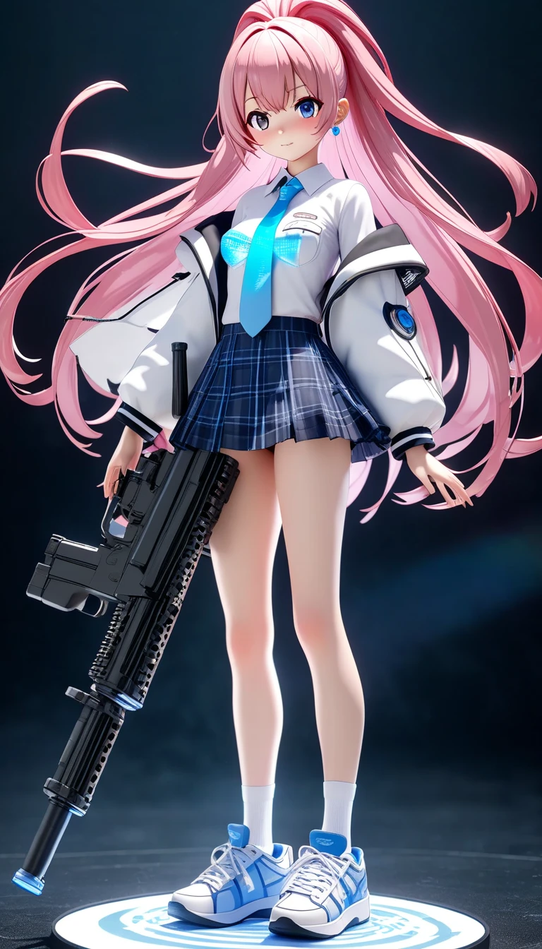 Hoshino (Blue Archive) one girl with long hair and uniform, Pink hair, looking in camera, Happy face, Blushing, Big Breast, Bra visible, hands behind back, crass room, Best Quality, High quality,