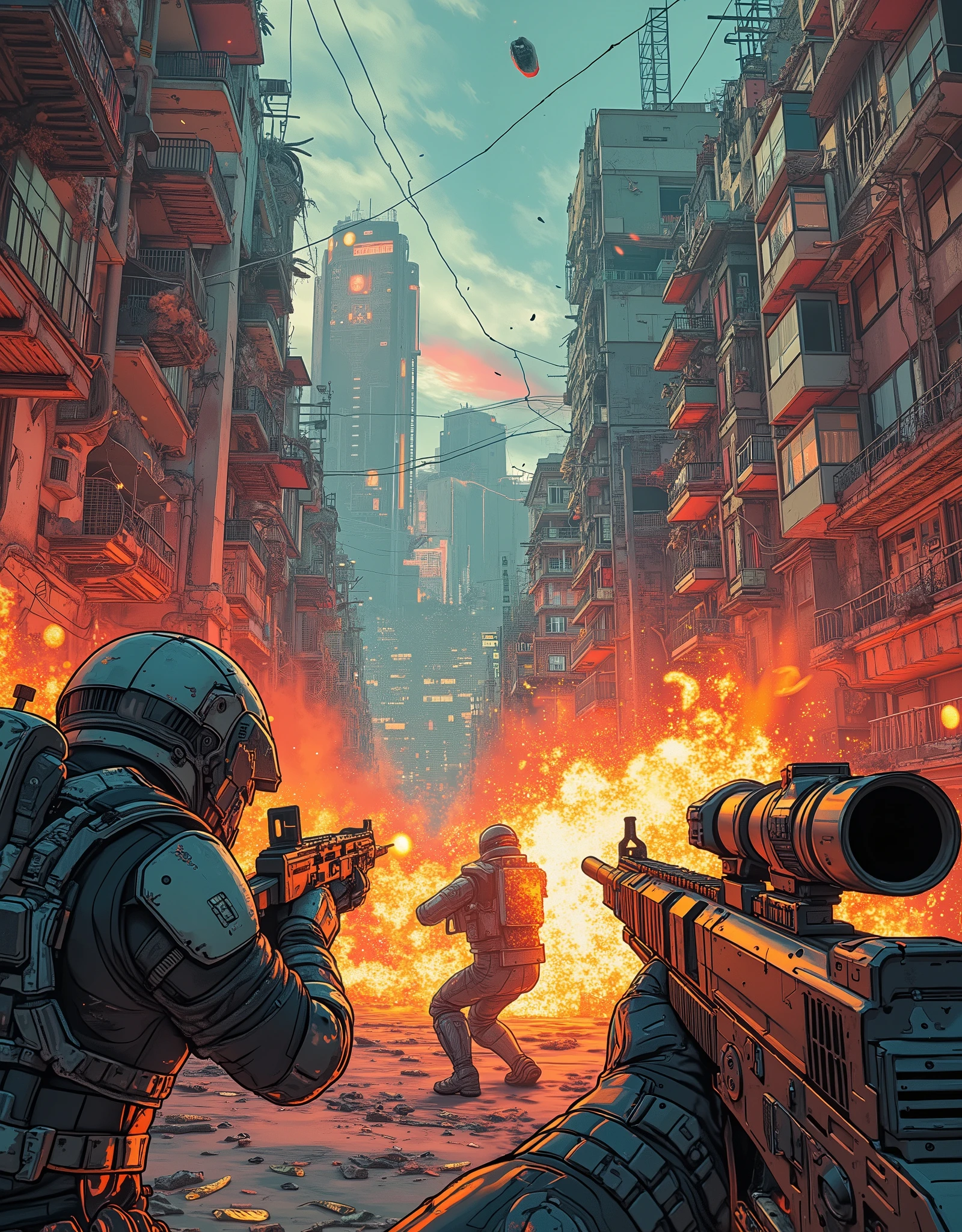 (masterpiece:1.2, excellent quality,Mirror Finish , MOVIE EXPERIENCE , best illustration:2.0,Super Detail),8k,16k,wallpaper,(cyberpunkの銃撃戦),(cyberpunk:2.0),(Near Future City:2.0),(first-person view),(背景は廃墟となったカラフルでディストピア的なcyberpunk都市が見えている),(Chaotic footage of a fierce shootout with cyber-enhanced mercenaries),(Show rifles),(COMIC STYLE EFFECTS),(FIRST PERSON PERSPECTION OF EXPLOSIONS AND BULLETS CROSSING THE BATTLEFIELD),(The riflescope shows a colorful, dystopian cyberpunk city in ruins)