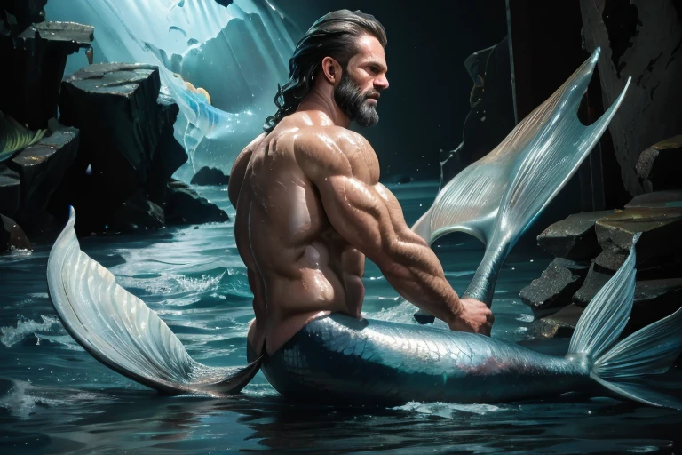 (best quality,highres),detailed muscular and hairy body,beautiful sea spirit,emerald green eyes,long flowing hair,glistening wet skin,poseidon-like characteristics,rippling muscles,fierce and majestic,water droplets,sunlight shining through the waves,fantastical underwater scene,glowing coral reefs,shimmering blue water,colorful marine life,seaweed swaying in the current