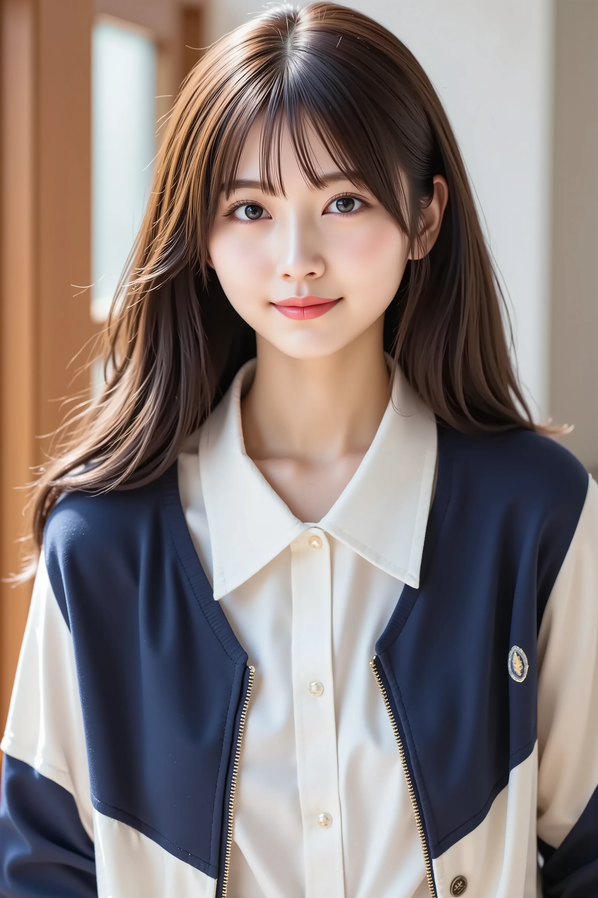 The face is positioned exactly in the center of the image , , the entire head is fully reflected , Face clearly visible、white blouse with collar and navy jacket, Women's Room Background , long hair、bungs, smile, young and cute japanese face , OFFICIAL ART, high image quality CG Unity 8k wallpaper,Ultra high image quality , is very well detailed, high image quality , film grain , lens flare glow , top quality ,8k, The entire head is fully reflected as a portrait shot ,8k, viewer , masterpiece,top quality ,is very well detailed, it's cute ,sexy,is very well detailedな,detailware features ,beautiful, illustration , beautiful Japanese woman, ladies 1 , Tight Chest