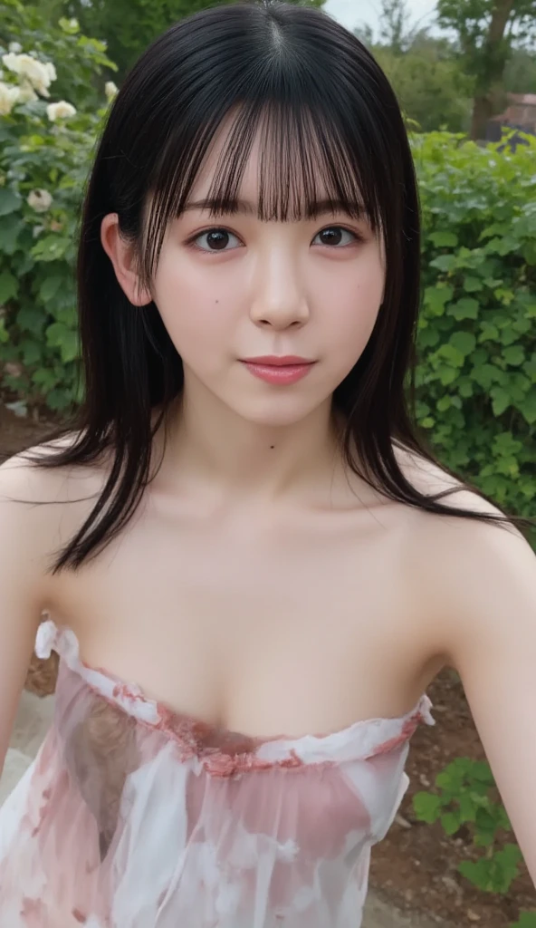 (best quality:1.2), masterpiece, Realistic, Ultra-high resolution, ((a beautiful Japanese idol  woman:1.2)), (Gaunt:1.3), (((Very flat chest:1.4))), ((Baby Face)),ody), (sweaty armpit:1.3), ((Armpits are wet and shiny with sweat)), She has skin that sweats easily Soaking wet, Sweaty, I can see my pores, in Japanese hot springs, Outdoor hot spring, Stone hot spring, Moss and trees Surrounded by, Wearing split (Lace Headband:1.2), (realism:1.5)