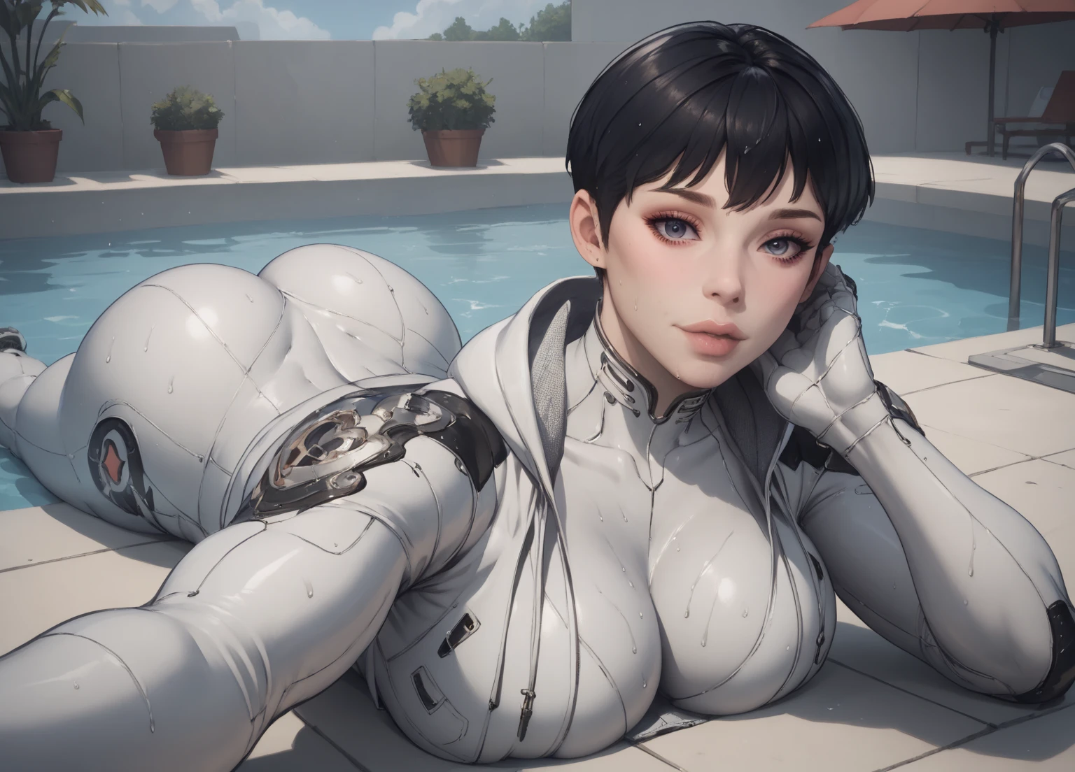 8K resolution, refined features, perfect face, glowing skin, high detail, latex_bodysuit, creamy white mucus body, enveloping the whole body, transparent liquid texture, sexy,busty,upright_straddle, sunrise, water, side view