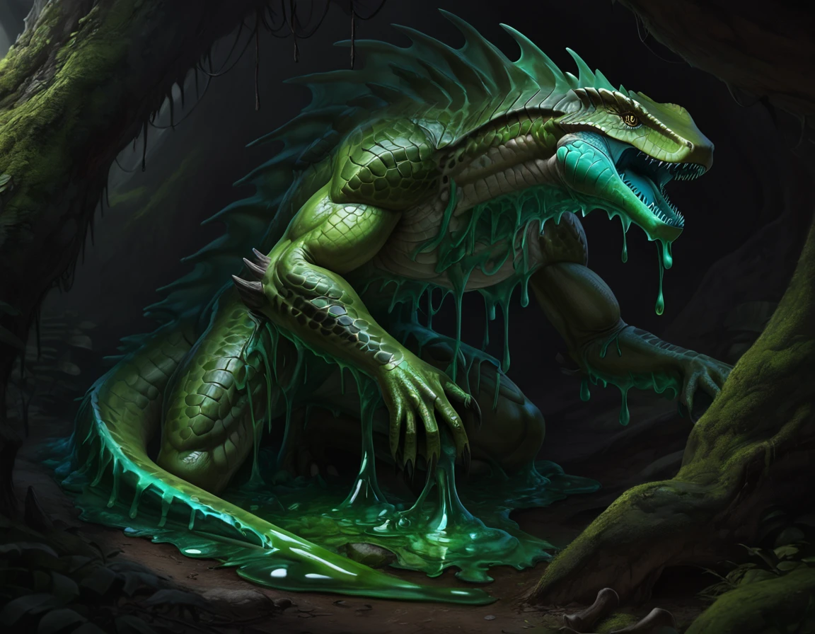 (anthro green slime monster,shape of a lizardman,transparent slime body with lizardman skull and bones inside,comic book style,best quality,4k,ultra-detailed,realistic,by laobai,by taran fiddler,by honovy)