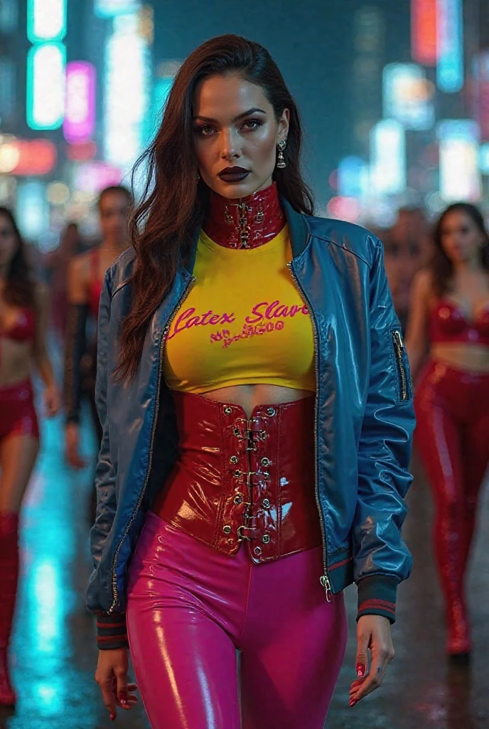 Liv Tyler, pink jacket, cleavage, pink micro skirt, posing against a background of graffiti, looking at the viewer, cyberpunk style, neon lights, neon light passes through the hair, depth of field, bokeh