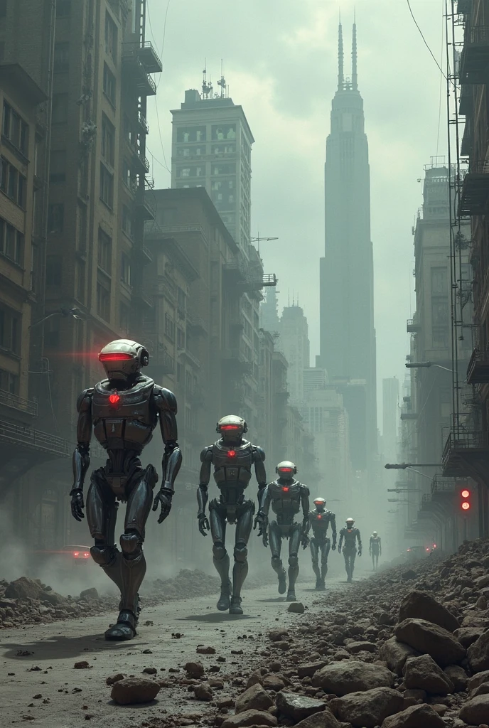 Robot uprising in a destroyed city