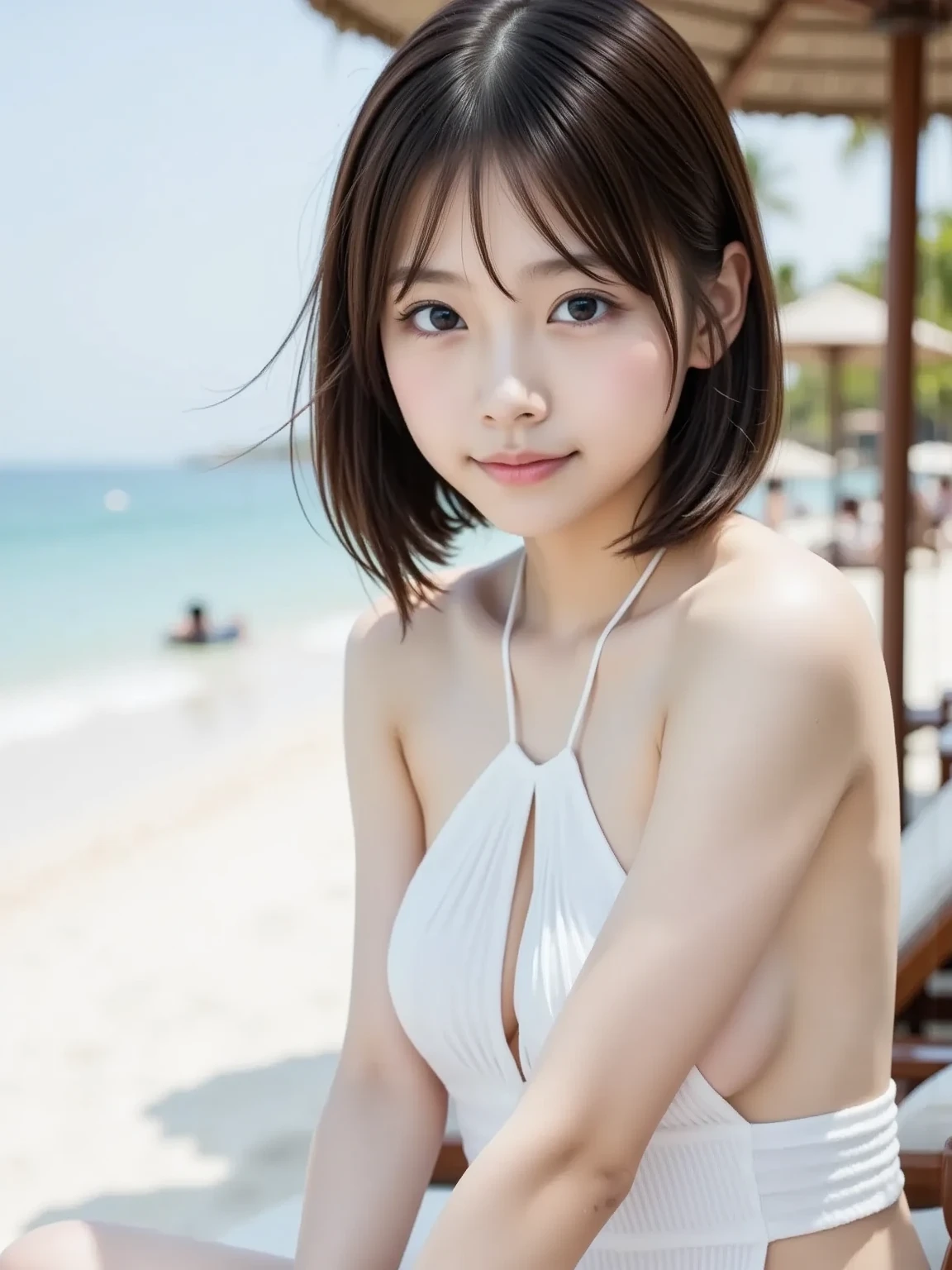A beautiful Japanese girl with short white-gray hair photographed at the beach、In this scene she is wearing an orange bikini made of thin silk with glitter.。The blue sky and gentle waves spread out in the background.、The summer sunshine gives it all light。The beautiful girl was in the sea up to her knees.、Staring at the camera。
Beautiful sea and blue sky background。A calm beach scene with gently lapping waves。
A bikini made of pale orange silk material。Cute、It brings out the feminine charm of beautiful girls.。She has short white-gray hair and flawless, smooth skin. Her facial expression is natural and relaxed.、柔らかな視線でStaring at the camera。

Shooting with bright lighting that makes use of natural light。To highlight the transparency of the ocean and the texture of the skin、Uses soft light。The whole body of the beautiful girl is firmly contained.。The blue sky and sea in the background create a beautiful contrast with the beautiful girl&#39;s outfit.。The entire photo is ultra-realistic and photo-realistic、It brings out the best in the beautiful girl&#39;s charm and natural beauty.。