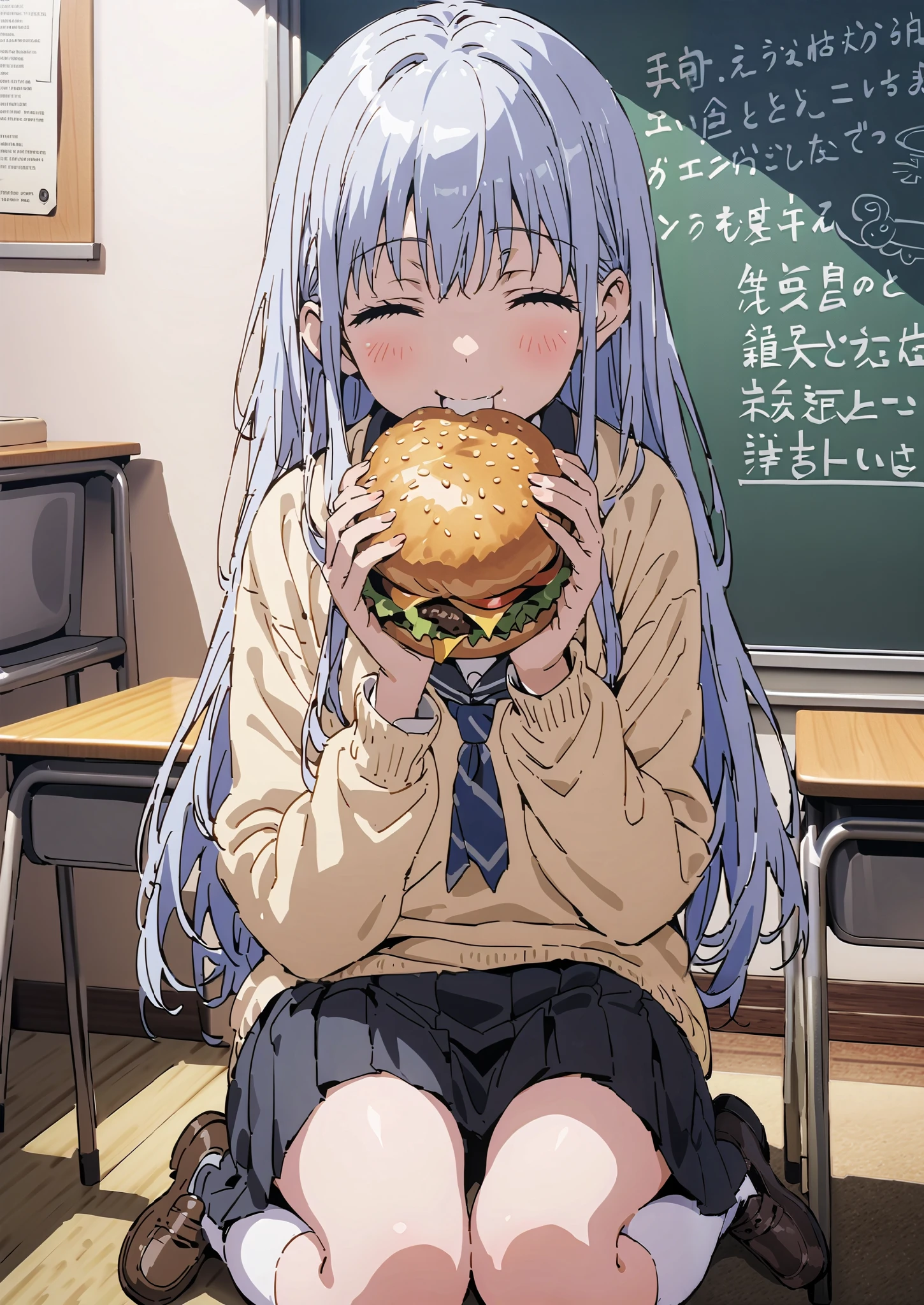 Prohibited bibliography, both eyes, Silver Hair, long hair, smile,blushes,Black sailor suit, yellow cardigan ,black pleated skirt,white high socks,loafers,chairsに座っている, holding a hamburger with both hands,eating hamburger,noon,machine, blackboard ,chairs,full bodyがイラストに入るように,break indoors,classroom,
full body,
break (masterpiece:1.2),top quality , kampala, Unity 8K Wallpaper ,(shape:0.8),It's a person ,full body写真,CG Details , (perfect hands,complete anatomy),