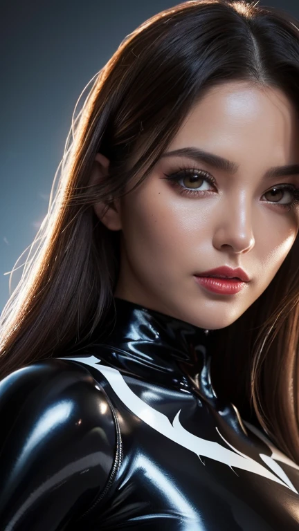 A sultry 27-year-old woman fills the frame, her gaze direct into the lens as she smizes, revealing full lips curved into a mischievous grin. Piercing blue eyes seem to gleam with mischief, head tilted forward showcasing luscious locks and chiseled features. Her statuesque figure, boasting tantalizing measurements, bluesky, its stars twinkling like diamonds against the inky blackness. latex shiny eerotic