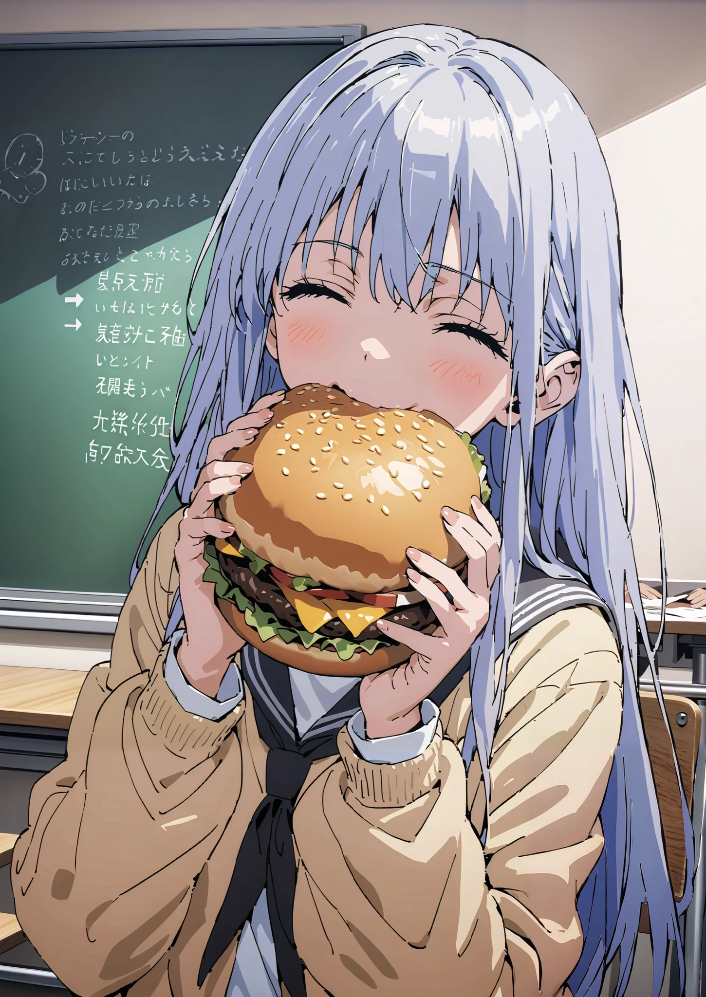 Prohibited bibliography, both eyes, Silver Hair, long hair, smile,blushes,Black sailor suit, yellow cardigan ,black pleated skirt,white high socks,loafers,chairsに座っている, holding a hamburger with both hands,eating hamburger,noon,machine, blackboard ,chairs,full bodyがイラストに入るように,break indoors,classroom,
full body,
break (masterpiece:1.2),top quality , kampala, Unity 8K Wallpaper ,(shape:0.8),It's a person ,full body写真,CG Details , (perfect hands,complete anatomy),