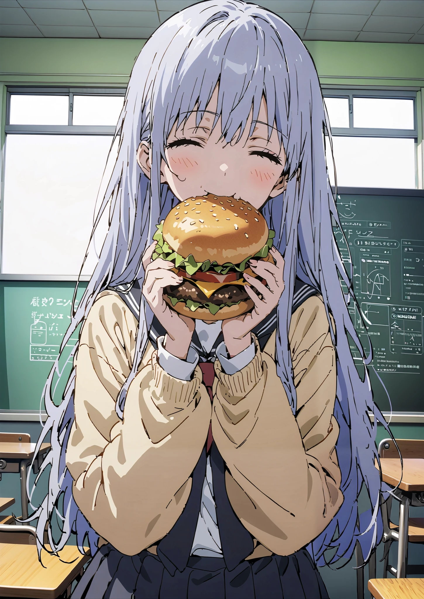 Prohibited bibliography, both eyes, Silver Hair, long hair, smile,blushes,Black sailor suit, yellow cardigan ,black pleated skirt,white high socks,loafers,chairsに座っている, holding a hamburger with both hands,eating hamburger,noon,machine, blackboard ,chairs,full bodyがイラストに入るように,break indoors,classroom,
full body,
break (masterpiece:1.2),top quality , kampala, Unity 8K Wallpaper ,(shape:0.8),It's a person ,full body写真,CG Details , (perfect hands,complete anatomy),