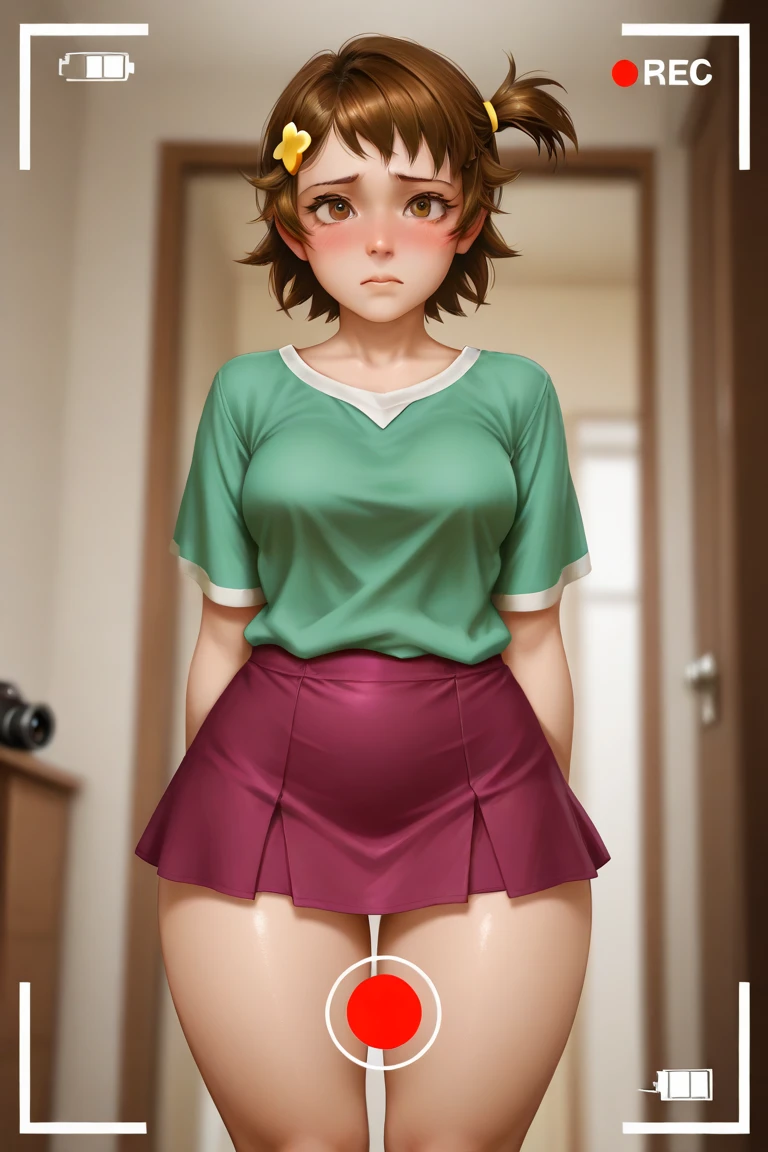 Cute trans girl, green eyes, wavy dark brown hair, fair skin, smiling, C+ cup breasts, bit wide hips, wearing a pink polo top and a pastel light color pleated skirt, skirt crotch bulge.