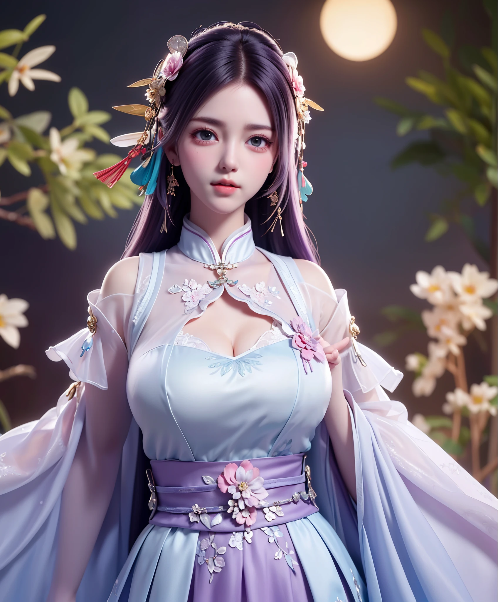 (8k, RAW photo:1.2), best quality, ultra high res,dramatic angle,(fluttered detailed color splashs), (illustration),(((1 girl))),(long hair),(rain:0.9), (Headdress:1.4),There is an ancient palace beside the girl,Hanfu,(Key Points),Color ink painting,(Splash of Color),Splash of Color,(((colorful))),(sketch:0.8) , Masterpiece, best quality, beautiful painted, highly detailed,(denoising:0.6),[splash ink],((ink refraction)), (beautiful detailed sky),moon,highly,detaild,(masterpiece, best quality, extremely detailed） CG Unity 8k Wallpaper，masterpiece，best quality，Ultra Detailed），（Lycoris）. hanfu open v open V-chested clothes Thin silk lace dress , (huge ，cleavage),, white pink and gren，best qualtiy，tmasterpiece，Ultra-high resolution，（Reality：1.4），RAW photogr，（True skin texture：1.3），（filmgrain：1.3），（Selfie angle），1个Giant Breast Girl( huge, cleagve)，Beautiful eye and face details，tmasterpiece，Best quality at best，，The chest more exposed， detailed hair, bra purple and green , detail 8k, upper body, ignette transparent fabric flower, purple and blue pink white,