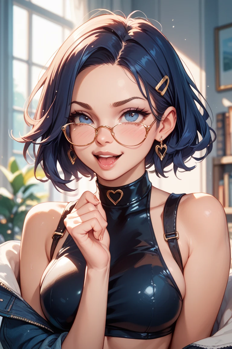 1 kawaii anime girl, nsfw, japanese girl, solo, bright aqua eyes, glasses, eyelids, blush, seductive smile, naughty expression, red lips, cute hair bangs, bob short hairstyle, bright aqua hair, heart shape earings, collar, collarbone, sexy body, slim waist, navel, natural medium breast, cleavage, navel, flat chest, cleavage, detailed erotic dress, pink color knight armor, gold and black color ornament on the dress, erotic pose, looking at viewer, flat green background, upper body