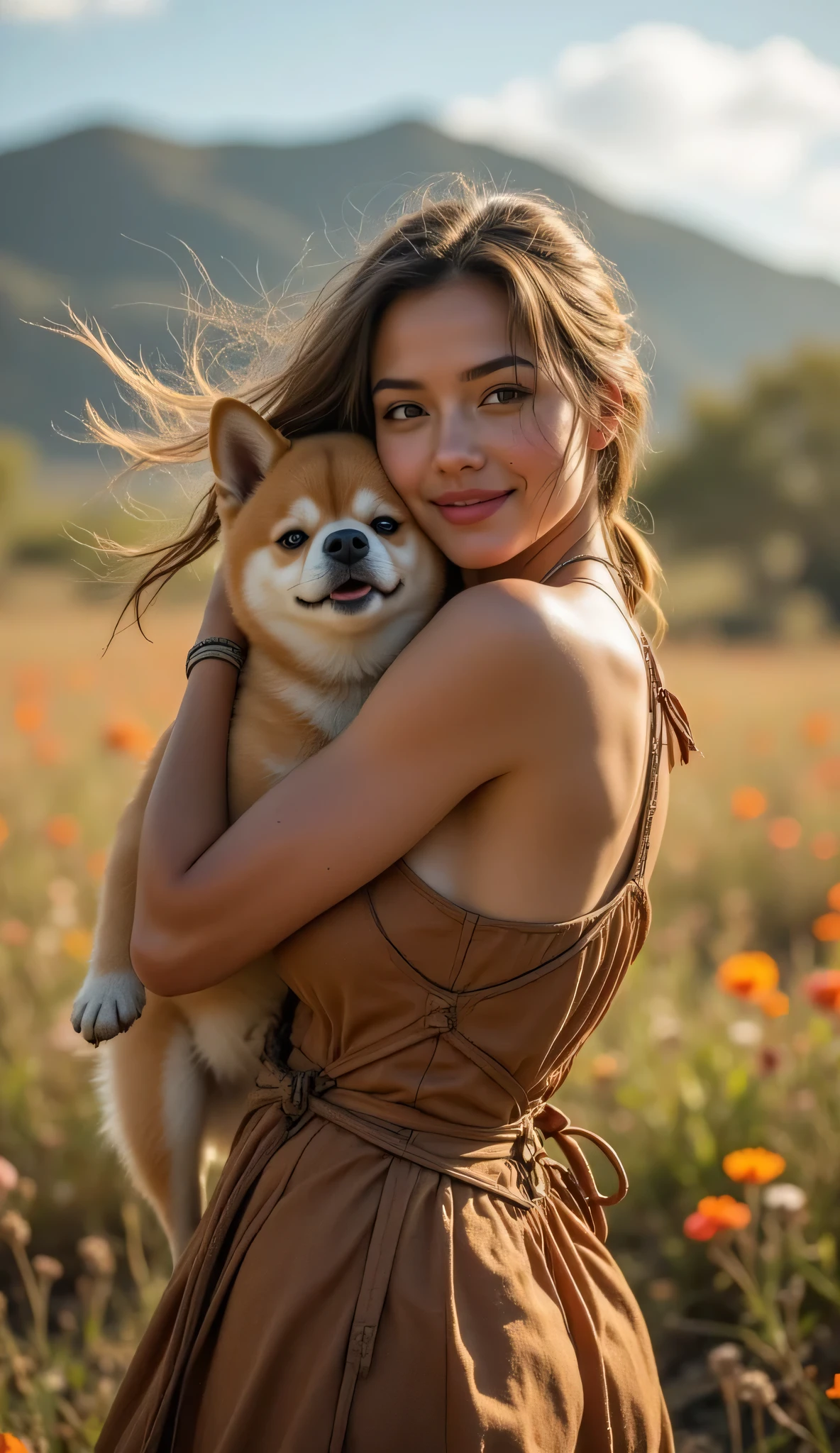 **Prompt:** Explore the enchanting relationship between a prehistoric female hunter and her spirited Shiba Inu in the expansive savanna. Create a hyper-realistic, wide-angle image capturing the joyful moment as the hunter wraps her arms around her lovingly detailed shiba inu dog. Portray her athletic figure in an action-oriented pose, radiating strength and vitality, dressed in a flowing gown crafted from long leather strands that gracefully sway with the wind. Surround them with a lively prehistoric savanna teeming with vibrant flora and fauna, adding to the scene's energy. Incorporate central leading lines in your composition to naturally guide the viewer’s gaze across this breathtaking landscape, emphasizing depth and realism. Render the image in UHD quality, utilizing soft ambient lighting to highlight textures, including the intricate details of her expressive hands and flowing hair, shimmering in the sunlight. Infuse elements of Stonepunk, SandalPunk, and BronzePunk aesthetics into the artistic style, evoking an immersive atmosphere reminiscent of the captivating artistry found in the Far Cry 5 game.