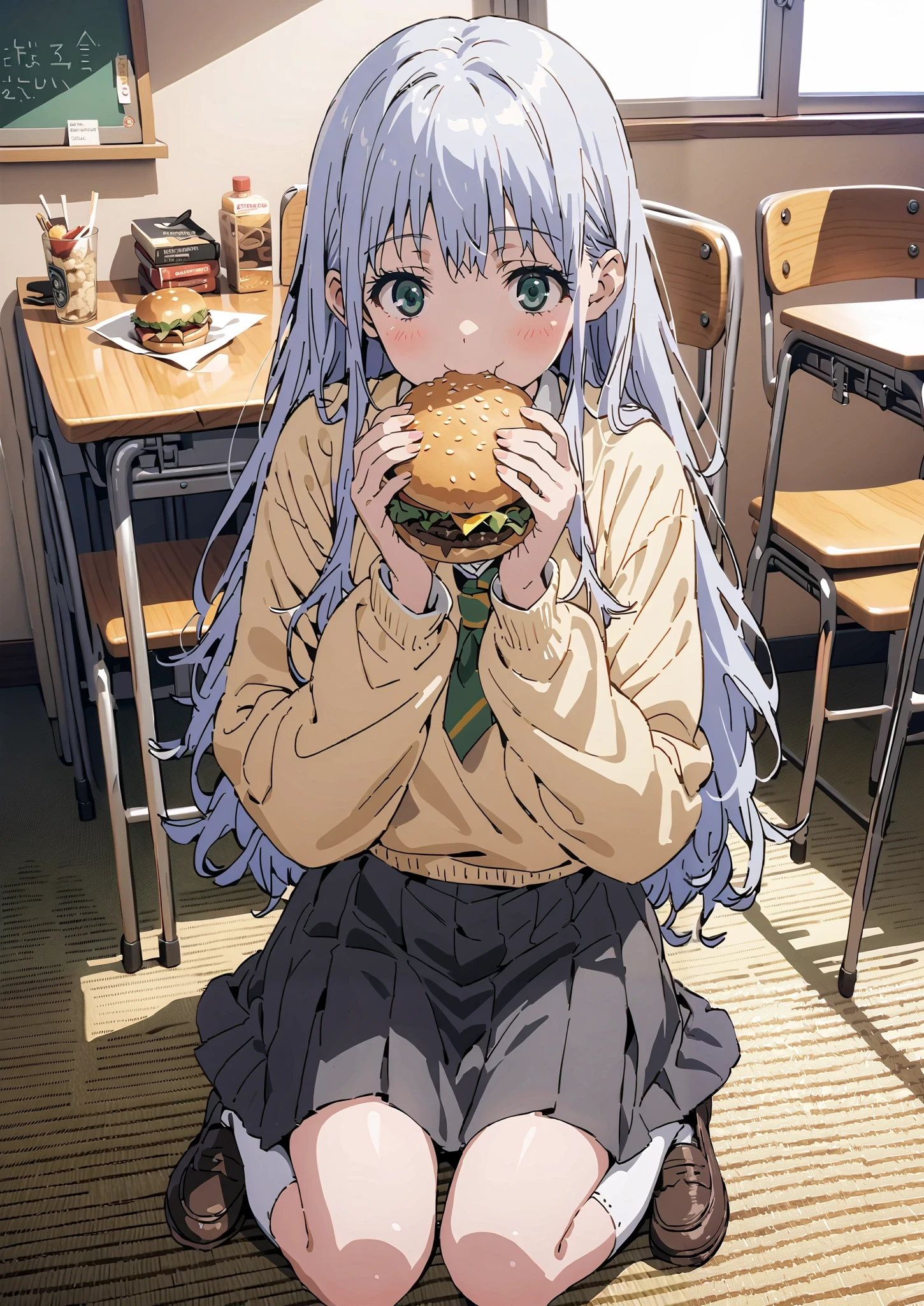 Prohibited bibliography, both eyes, Silver Hair, long hair, smile,blushes,Black sailor suit, yellow cardigan ,black pleated skirt,white high socks,loafers,chairsに座っている, holding a hamburger with both hands,eating hamburger,noon,machine, blackboard ,chairs,full bodyがイラストに入るように,break indoors,classroom,
full body,
break (masterpiece:1.2),top quality , kampala, Unity 8K Wallpaper ,(shape:0.8),It's a person ,full body写真,CG Details , (perfect hands,complete anatomy),