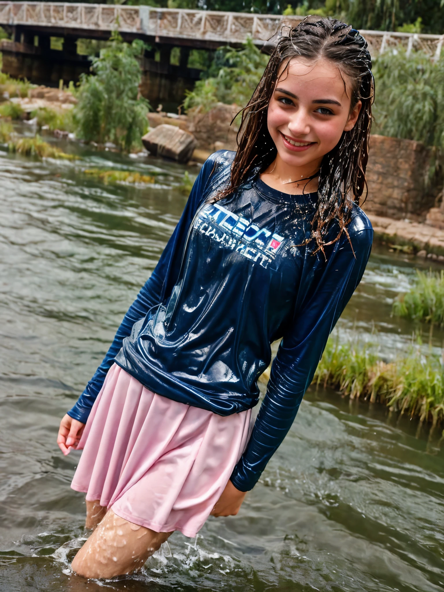A soaked wet 18 years old girl, with long wet curly hair and bangs ponytail, is sitting bench in a water park. She wears a t-shirt styled as a dress, clearly not prepared for the water attractions. In the background, the park is full of visitors having fun, with colorful water slides and busy pools. The girl looks a little out of place, but is watching the movement around her, w3t, wetclothes, soakingwetclothes, ((cutest young face)), cuties ((full body)), full-length shot, slimwoman