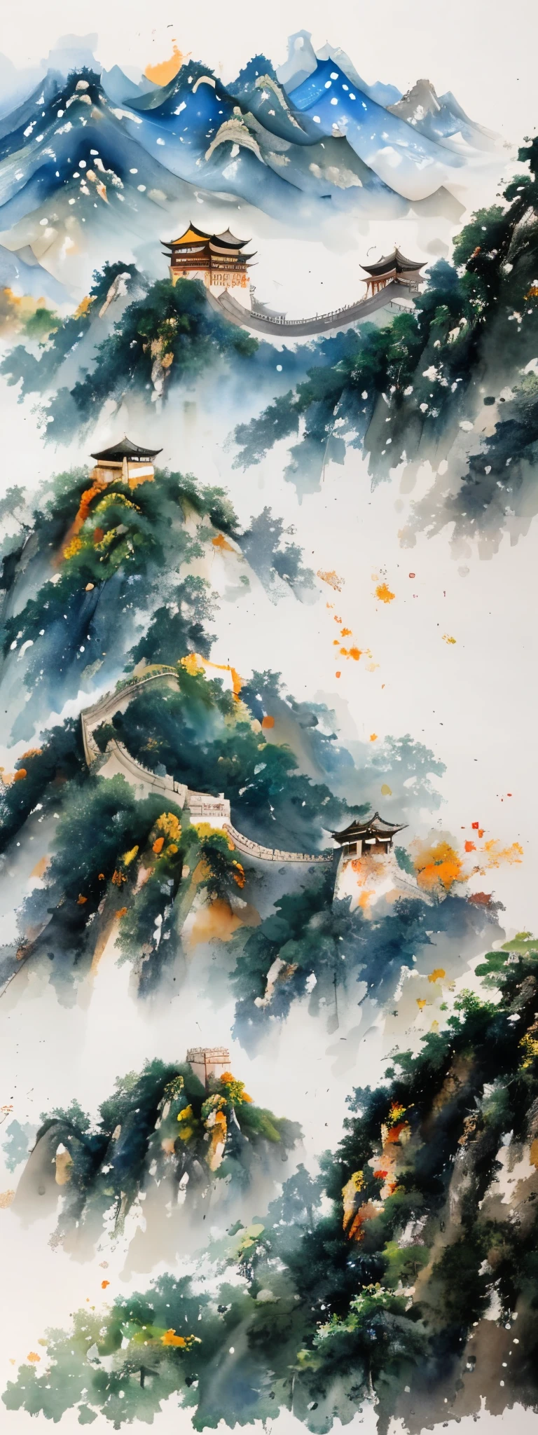 blurred picture style, wet-in-wet, watercolor painting, ink painting, best quality, landscape painting of the Great Wall of China, with light and light shading in the Wu Guanzhong style ink painting, where primary colors are dropped and blurred
