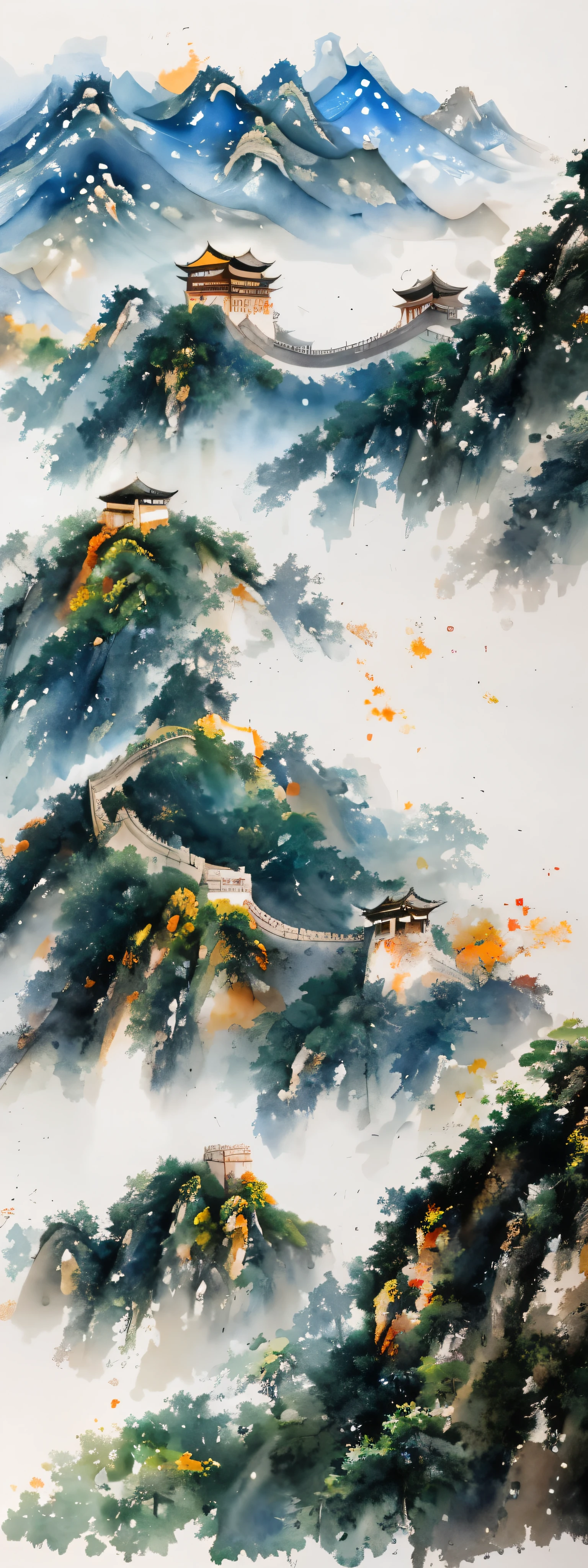 blurred picture style, wet-in-wet, watercolor painting, ink painting, best quality, landscape painting of the Great Wall of China, with light and light shading in the Wu Guanzhong style ink painting, where primary colors are dropped and blurred