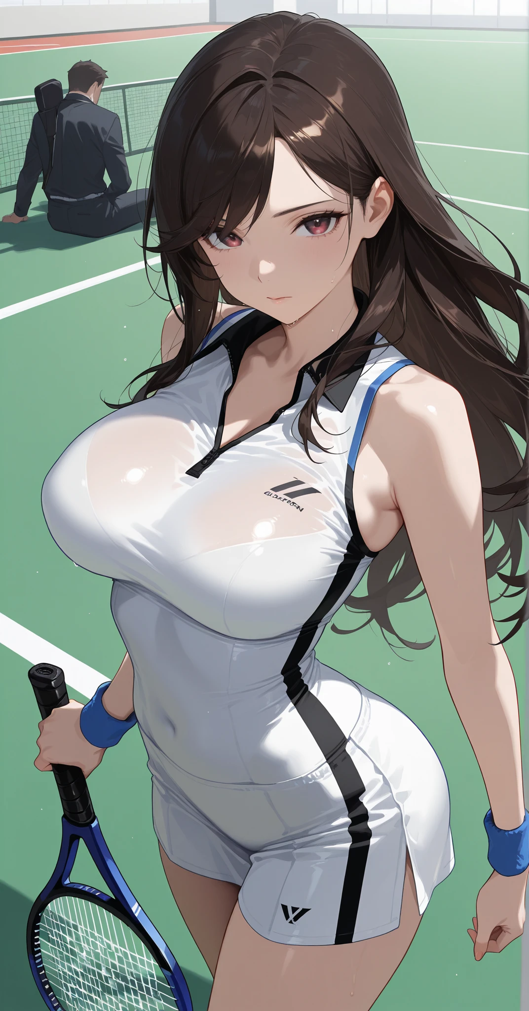 mastute piece,Best Quality,insanely detailed,8k cg,nsfw,
(shoot upper body:1.3),
(1girls:1.3),standing,looking at viewr,body in front,both arms behind back,(tennis uniform:1.3),(bare breasts:1.1),(bare nipples:1.1),
break,
blush,shy,(ecstasy face),(trembling:1.2),break,(light brown hair:1.2),
break,
perfect breasts,perfect teats,(open mouth:0.9),(large breasts:1.2),
(tennis court)、