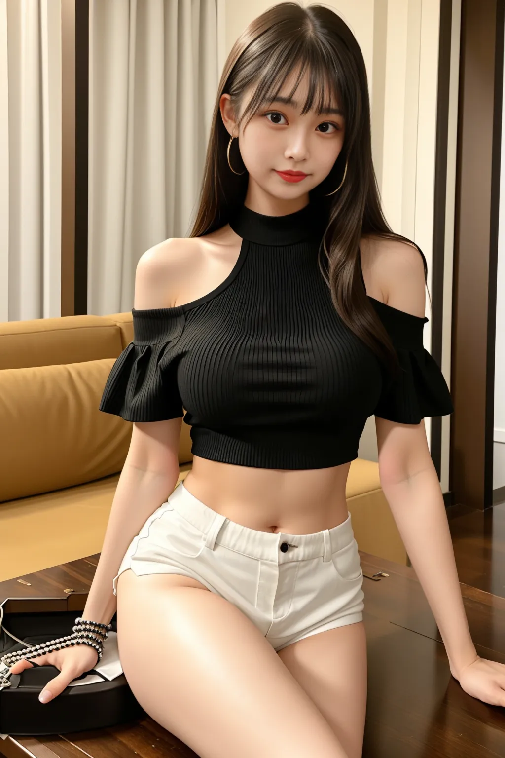 Ulsan-6500-v1.1, (Raw photo:1.2), (photorealistic), beautiful detailed girl, (pussy real: 1.4), very detailedな目と顔, beautiful detailed eyes,  (Strapless blouse, flare skirt, super realistic pantyhose:1.3, black choker)、Lie on the sofa with your legs stretched out、 (very affectionate smile:1.2)、huge file size, High resolution, very detailed, highest quality, [masterpiece:1.6], An illustration, very detailed, ticker, fine details, highest quality, 8K wallpaper, movie lighting, 1 girl, 17 years old, perfect body shape, cute droopy eyes beautiful big eyes、Pieck finger, ((muste piece)), best quality, 1 girl, eye shadow, upper body whole body, People photography, ((full body shot:1.4))、
