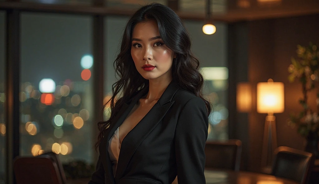 kana,best quality, masterpiece,(photo realistic:1.3), rim lighting, (high detailed skin:1.2), 8k uhd, dslr, high quality, high resolution, 4k, 8k, Bokeh, absurdres, best ratio four finger and one thumb, (realistic:1.3),(wearing black formal blazer), medium breasts, (short skirt), beautiful hair,