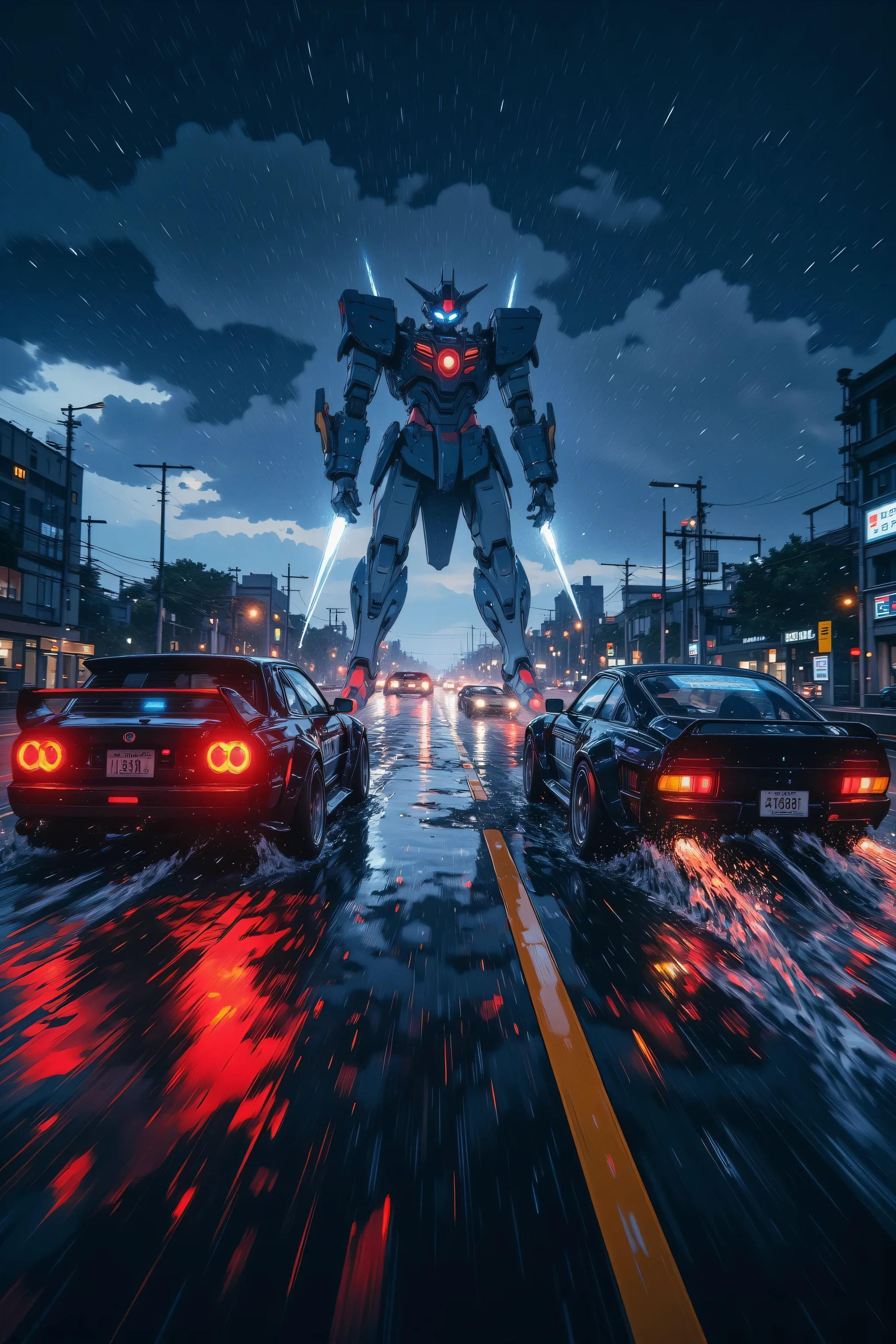 Two cars chasing on the highway in the night rain,rain-soaked asphalt surface and rainwater reflecting headlights and street lights,Raindrops and water splashes reflected from headlights and brake lights,Neon lights and street lights along the highway blurred by rain,There is a giant Gundam in the sky in the distance,Splashes on the vehicle body and water splashes behind the tires, Speed Sensation ,Blurred effect of vehicle body and background,Tire tracks after driving through puddles,Traces left by the movement of windshield wipers,lightning, stormy atmosphere ,The vehicle is designed as a sports car or modified car,Capturing the entire frame with a powerful composition from a low angle,Chasing vehicles and fleeing vehicles, Film Screenshot ,Akira movie style,Shoot overhead from above,电子游戏截图,Tail of taillights,The Lego Batman Movie Color Script,Animation shooting techniques,Sharp afterimage of taillights,