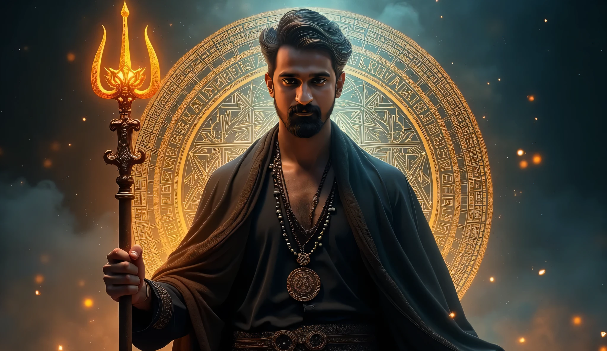 **Bollywood Movie Poster Prompt (Featuring Handsome sagar):** A captivating Bollywood movie poster background with a mystical **Sanskrit manuscript theme**, glowing golden **Sanskrit text** etched onto aged parchment-like textures, radiating an ethereal light. The text forms sacred patterns and mantras from **Tantra Vidya**, with a soft golden glow highlighting the intricate symbols. A central **yantra** (sacred geometric design) subtly emerges, surrounded by deep black and fiery orange gradients, blending into a mystical blue haze that conveys a supernatural atmosphere. In the foreground, **sagar**, a modern and handsome man, takes center stage. He is dressed in a sleek black kurta with a shawl embroidered with Sanskrit symbols, exuding a commanding yet spiritual aura. Around his neck is a rudraksha mala, and he holds a glowing trident adorned with minimalist mystical carvings. His intense gaze is fixed forward, reflecting his determination and mastery of Tantra Vidya. The backdrop frames him with layers of swirling, glowing Sanskrit text and faint, mystical smoke curling around his figure, adding a supernatural energy. The **color palette** balances fiery oranges, deep blacks, and ethereal golds to create a cinematic yet mystical atmosphere. The title **"sagar"** appears prominently in glowing Devanagari script, surrounded by intricate Sanskrit motifs, with sagr powerful presence at the forefront, blending seamlessly into the mystical design.