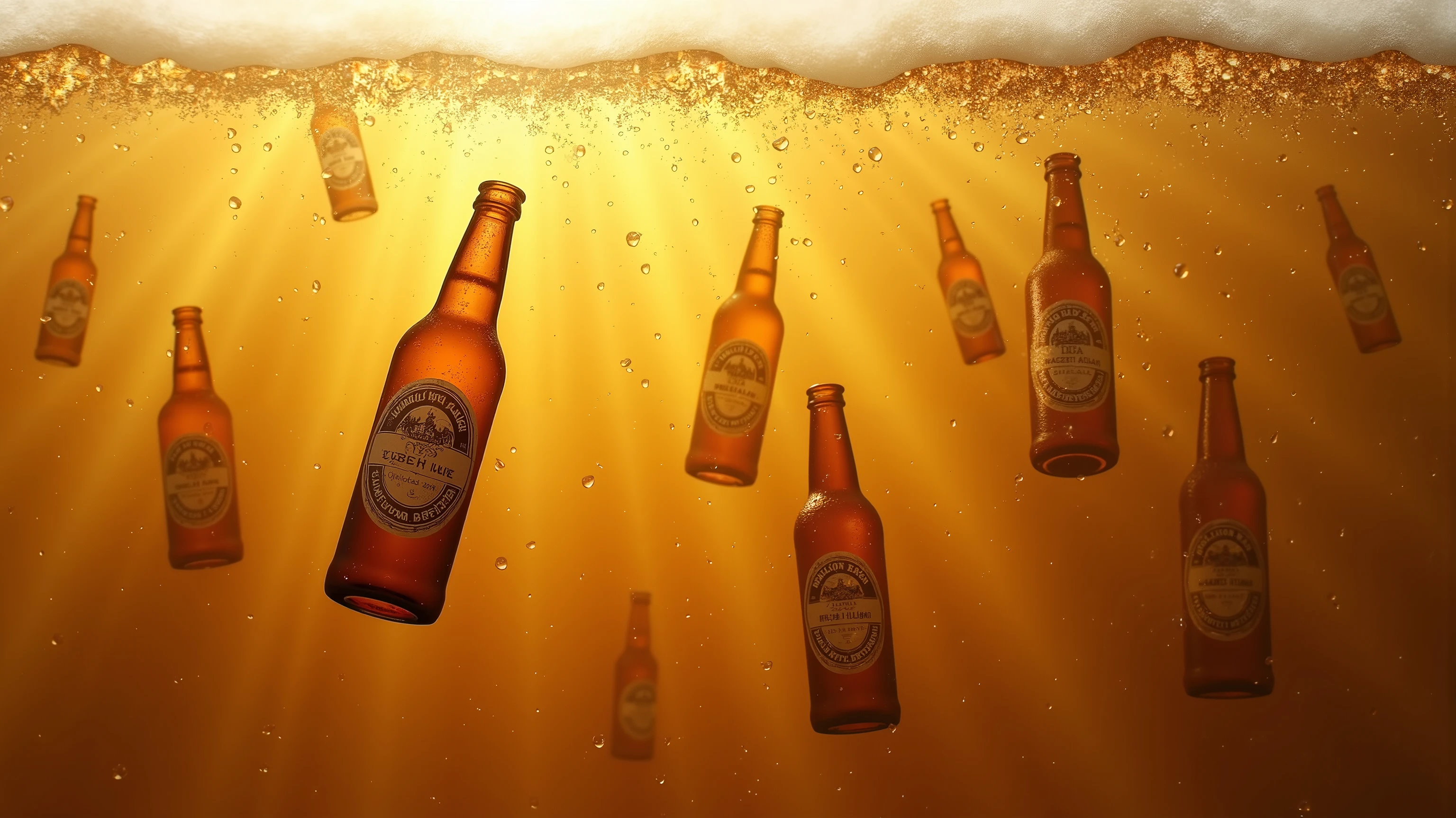 Beer bottles sinking into a sea of beer