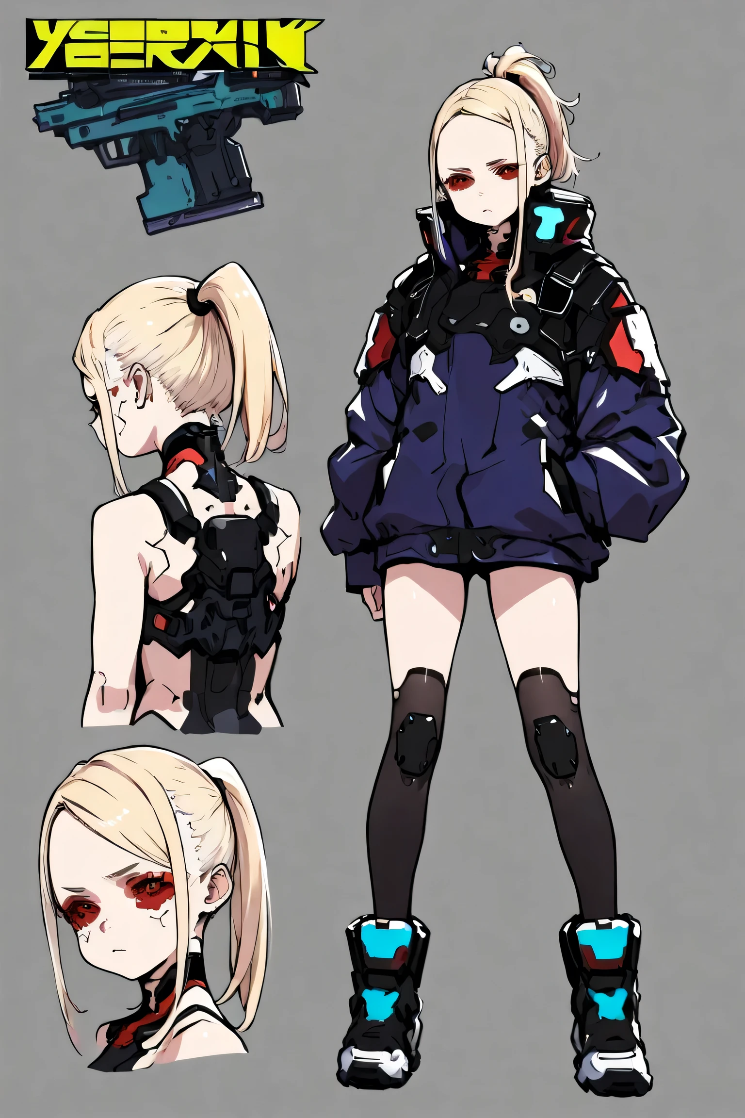 1girl, ,cute, standing girl, three view drawing, front and back and side, character sheet,full body,simple background, cyberpunk,more equipment,Blonde hair, ponytail,