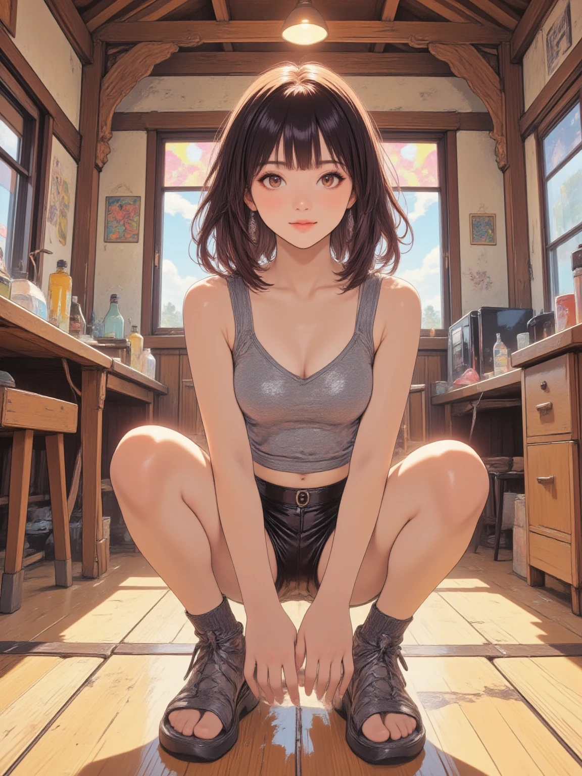 masterpiece, best quality, 1girl,beidoudef, moist skin, detail skin, , cameltoe, tank top, ghibli style, (blush:1.2), (angry:1.1) squatting, barefoot, (messy room:1.2), cameltoe, cowboy shot, short hair, haruno sakura, slim body, sweat, wet, sweat body, wet clothes, see through, on the floor,