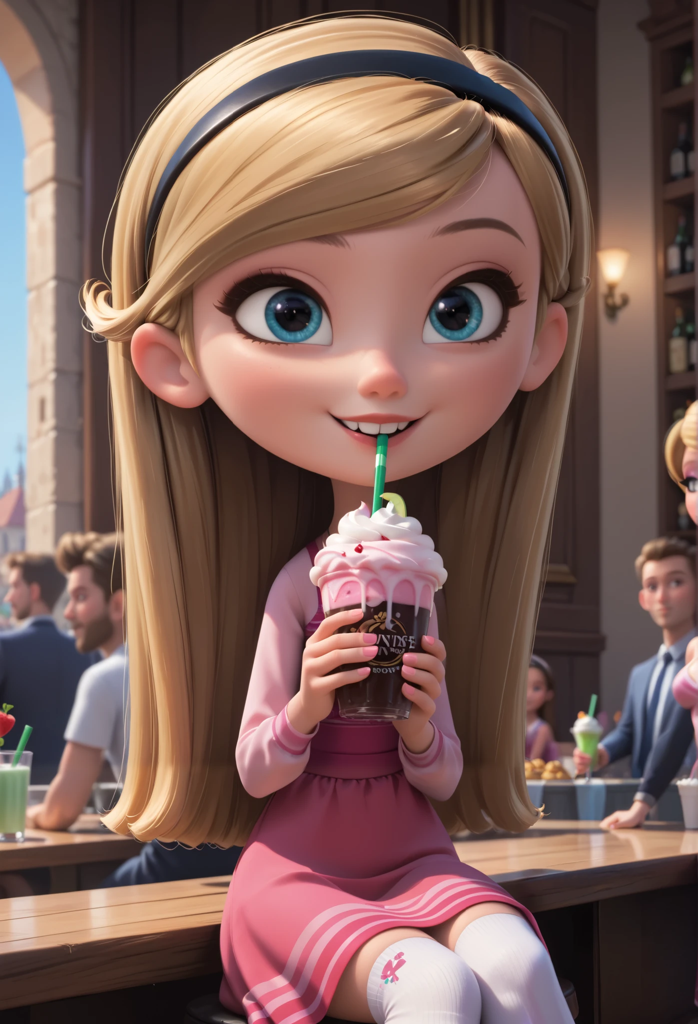 1girl, penny peterson, long hair, blue eyes, 3d, blonde hair, skirt, hairband, black hairband, white socks, dress, pink dress, long sleeves, looking very pretty, sitting in a snackbar, drinking a milkshake, she is smiling at the viewer, score_9, score_8_up, score_7_up, masterpiece, best quality, good quality, very aesthetic, absurdres, newest, 8K, depth of field, vibrant anime image, masterpiece, colourful, score_9, score_8, score_8_up, 1girl, Ultra detailed, masterpiece, detailed image, high resolution, perfectly proportional face, intricately designed thin lips, hyperdetailed face, cute eyes, (highest quality, high definition,high-res, best quality, highres,