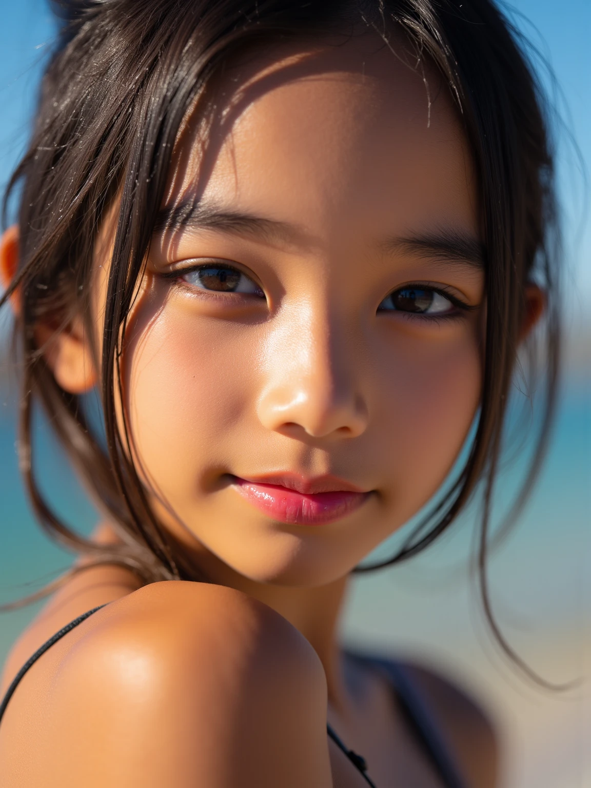 10 year old Alafed boy wearing a bikini, A small smile, View your viewers, A cute boy, Close-up portrait, Happy kids, Young Boy, Expression of joy, medium Portrait Soft Light, ??? a, Young and pretty Asian face, Realistic body lines, At the beach pool, At sunset, The sunlight casts a subtle glow on his face., highlight his features、Create dynamic visuals, Bright photo, Portrait Soft Light, Disney Avatar