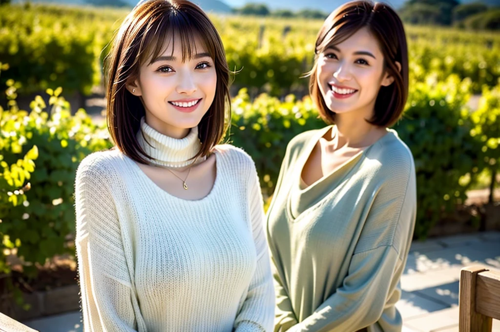 ((Highest quality、8K、masterpiece:1.3))、Slim Couple、Model Couple、Beautiful woman 1, (Slim face),(Realistic, Intricate details:1.2), full-course dinner、Wine Party、Amazing view of the sunset sky and clouds、A bright smile、The wonderfulness of smile、Bright image、The beauty of wine, Beautiful Face, blue eyes, The light shines on your face, Blushing, short hair,Bright Face、 (Age 37), Age 34, red wine 、Appetizers、Italian food、Wine bottle、Champagne、sparkling wine、Two beauties、Brown Hair、Shortcuts、Long sleeve shirt、dress、 (The body is スリム), (Brown Hair), (Shortcuts),  (smile: 1.15), Beautiful fine grain, Depth f/2,saturation, High Contrast, Strong light and shadow,Moist Body:1.5、3D texture、Delicate eyes、Brown Hair、The hair is very shiny、
