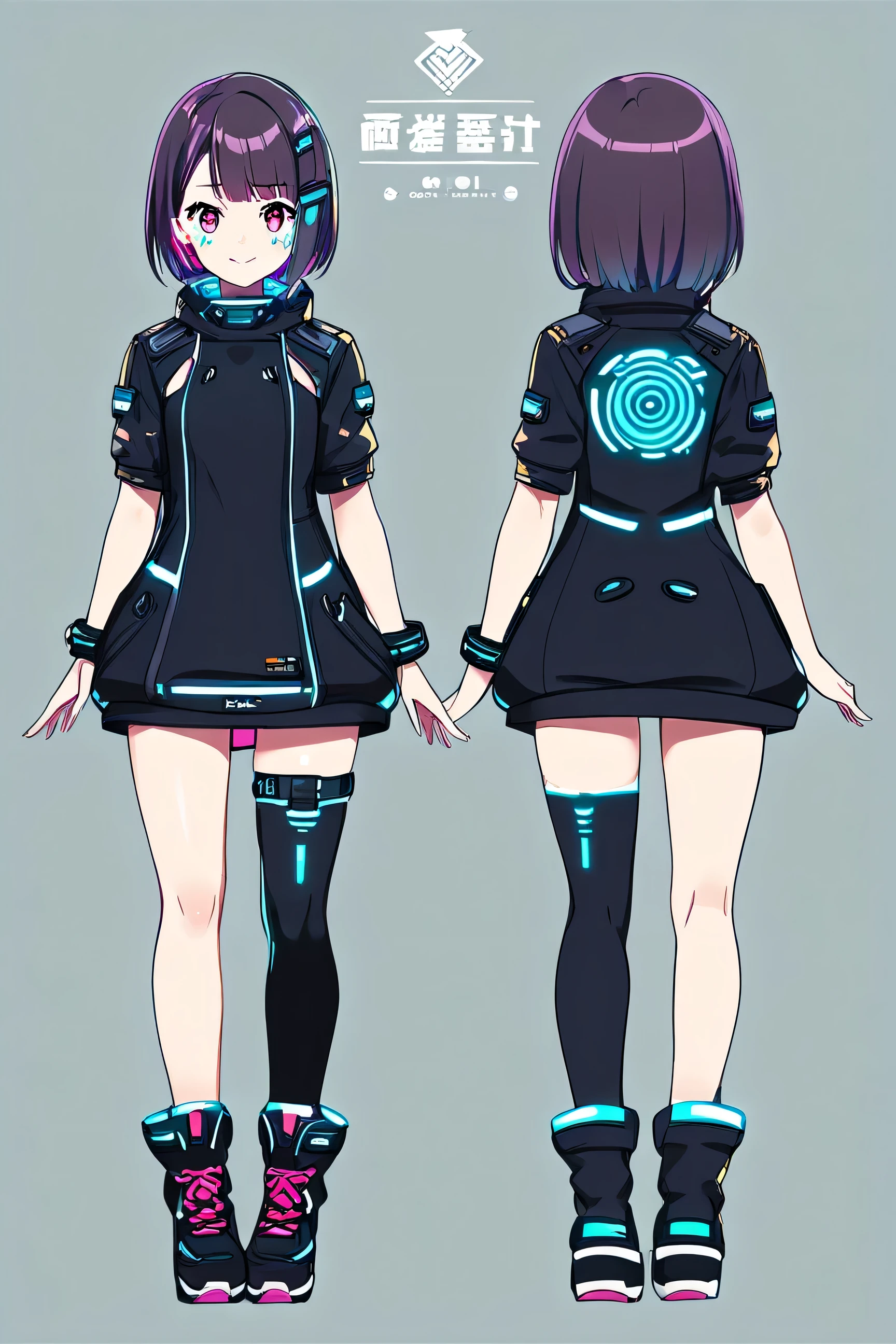 1girl, ,cute, standing girl, three view drawing, front and back and side, character sheet,full body,simple background, cyberpunk