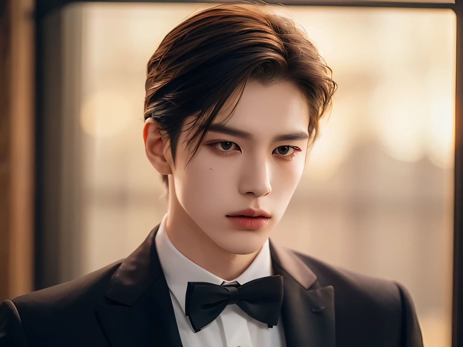 20 year old man, Very handsome , of Korean series stars, White skin, handsome, classic side part hairstyle, Masterpieces, best quality, a man, confident posture, Detailed image, clear, Shiny, Very handsome , half body model, Cold Tea Face Paint, walking away , Elegant Gesture, Demonic Power , Red light around the body, Red aura comes out of the body, red, track back, Cool Red Aura, Squint, Wear a black formal dress, Black Suit, Suit Without Stripes, Do not wear a tie, wearing a white student shirt inside, One Man, reflect, Strict face color, side view, Long-range view.