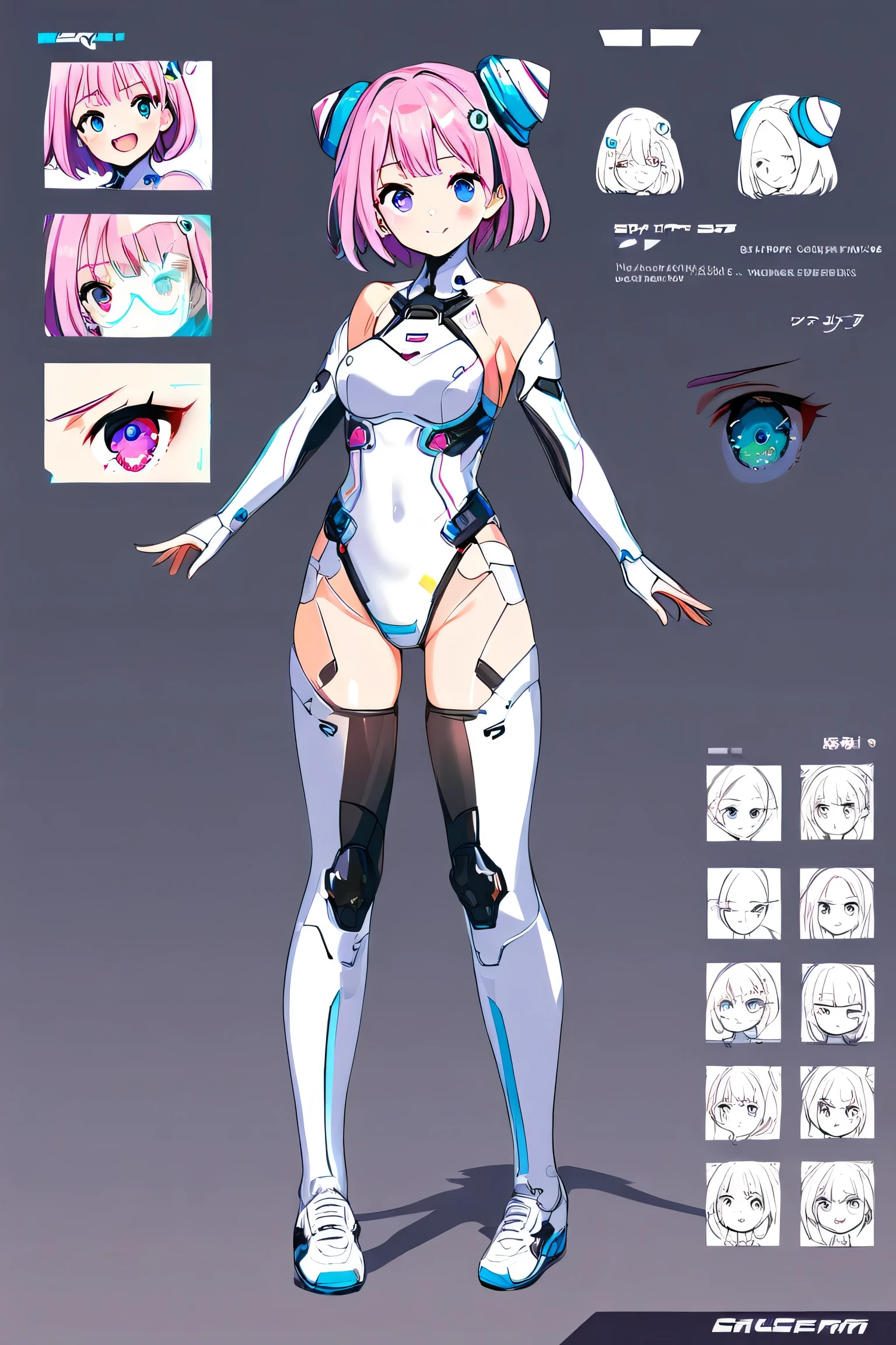 1girl, ,cute, standing girl, three view drawing, front and back and side, character sheet,full body,simple background, cyberpunk
