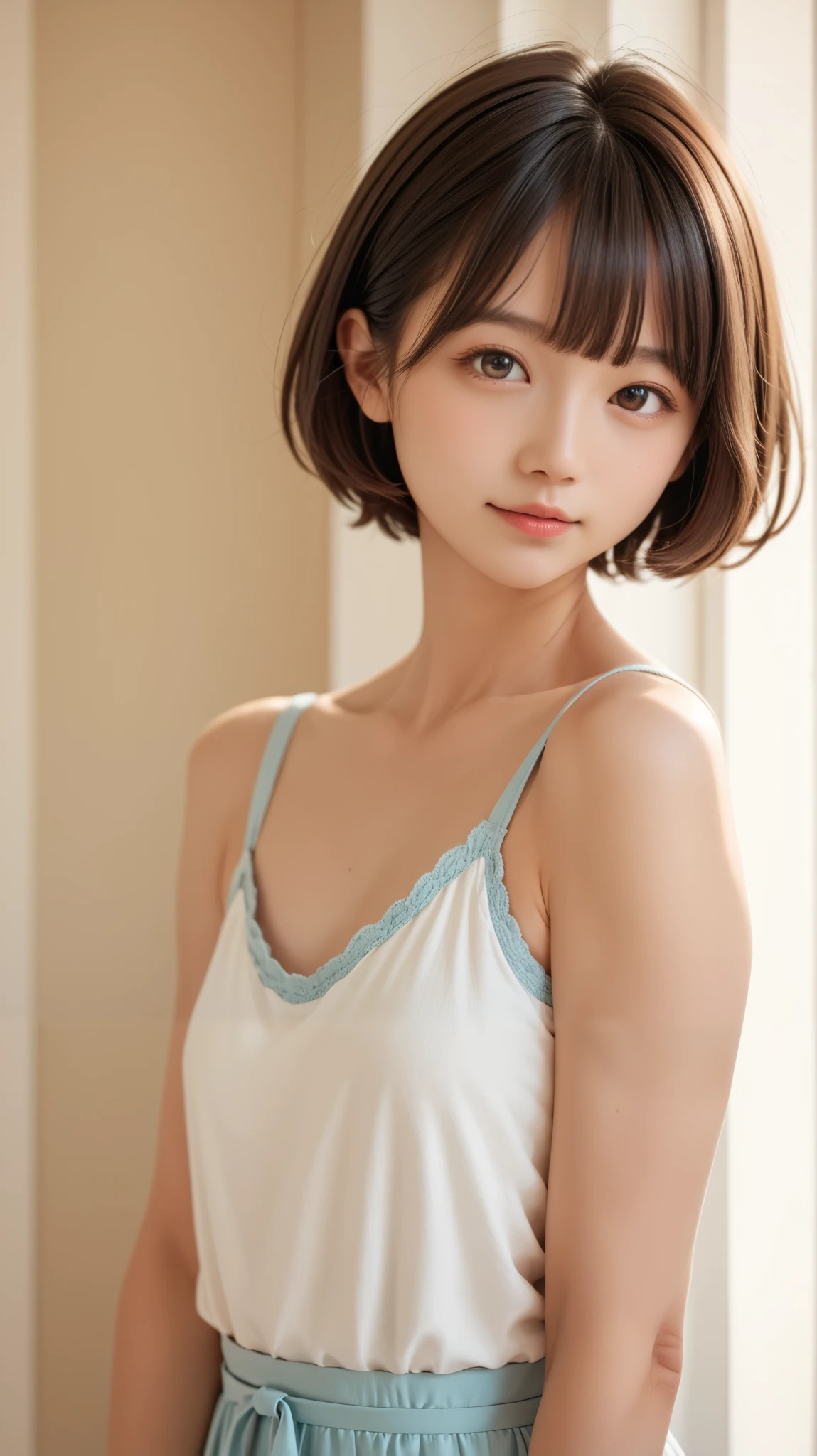 1 girl, Breathtakingly cute , perfect face,, Japanese,Ars, sexy, cinematic light, short hair, small boobs、I'm wearing super small size 、 who is sewing 、 short straight hair with bangs 、(( climbs above those watching ))
