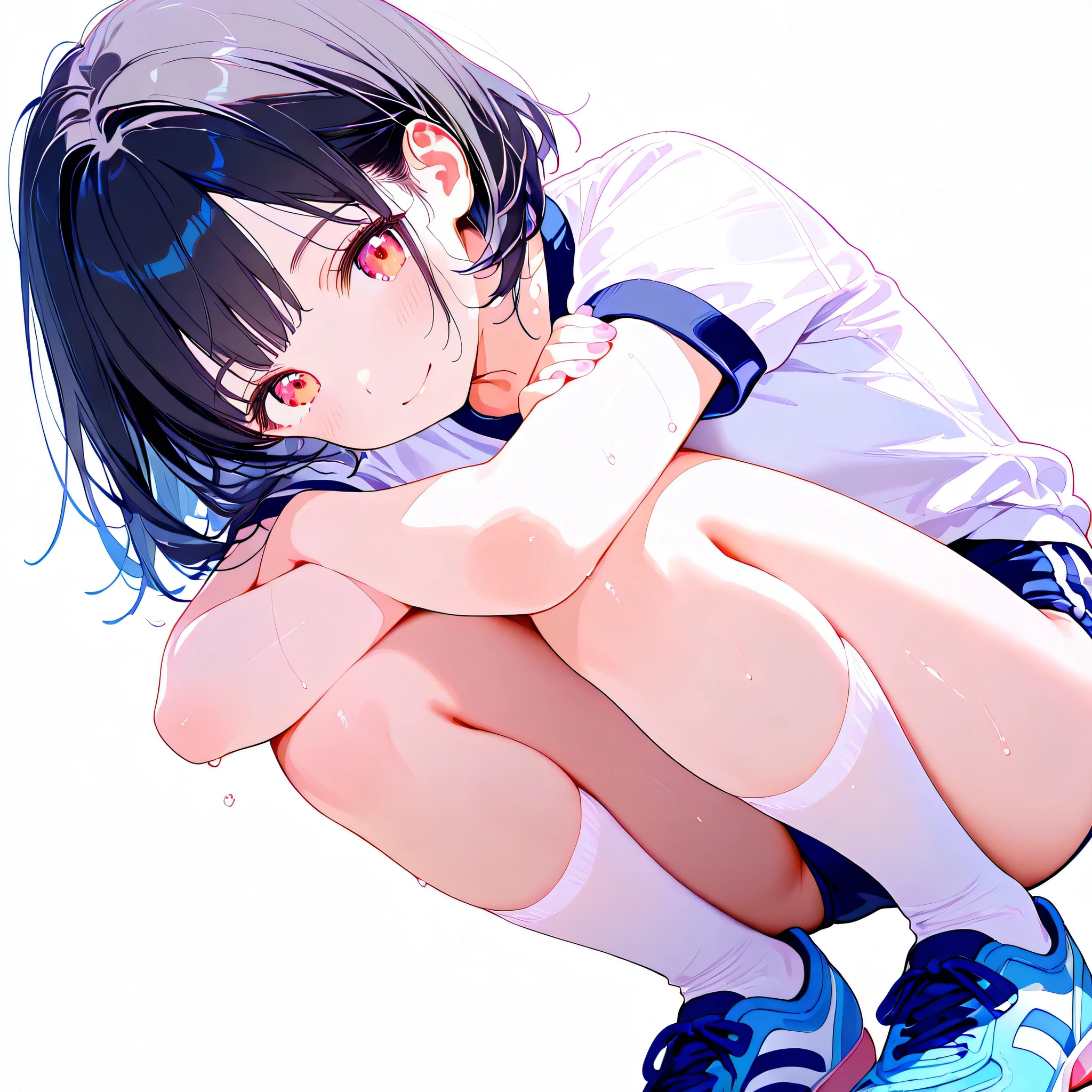 (masterpiece, top quality, beautiful, beautiful, official art: 1.2), thick paint, bright colors, dynamic shot, dynamic pose, soft touch, delicate and beautiful art, (watercolor style: 1.2), (pastel color: 1.2), (white background: 1.3), beautiful legs, Tying shoelaces, leaning forward, athletics track, sunset, white knee-high socks, sports shoes, white gym uniform, navy blue school gym buruma, sweating, relaxed look, tired but satisfied, soft lighting, warm colors, breeze, detailed background, peaceful atmosphere, after exercise, cooling down, BREAK, 18 year old girl, cute, legs open, sexy pose, bob cut, beautiful black hair, short bangs, meticulous eyelash detail, pupil depth and dimension, detailed eyes, cherry red eyes, (thighs), school gym buruma, (head tilt: 0.9),
