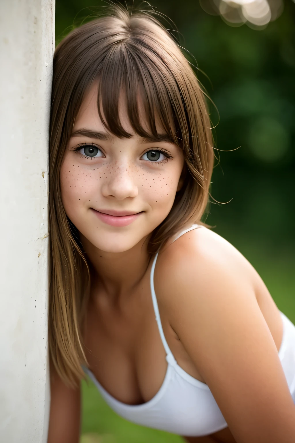 GanzkörperPhoto eines bezaubernd schönen jungen 13-jährigen Mädchens, young T3enager face, Natblonde, (looking shy : 1.3), A few small barely visible freckles, detailed face, Detailed skin, nice body, big round eyes, discreet smile, Smiling, black eyeliner,  sensual lips , suggestive pose, Down without , thigh gap, young  girl, , a small butt  ,very young T3enager girl girl of s, cut pubic hair , Ava Young, , ( masterpiece), Exactly, anatomically correct , F/1.8, 90mm, fujifilm GFx 50R, Rohfoto, regina display  , super detail, hohe Details , high quality, rolled up , highres, UHD, 1080p HD, 4K, 8k, (  Amazing skin details  : 1.4), (natural skin: 1.2), (Pores: 0.6), ( detailed eyes : 1.2), (bokeh: 1.2), (Photo), (cinematographic), ( photorealistic), ( ultra-realistic ), outdoor