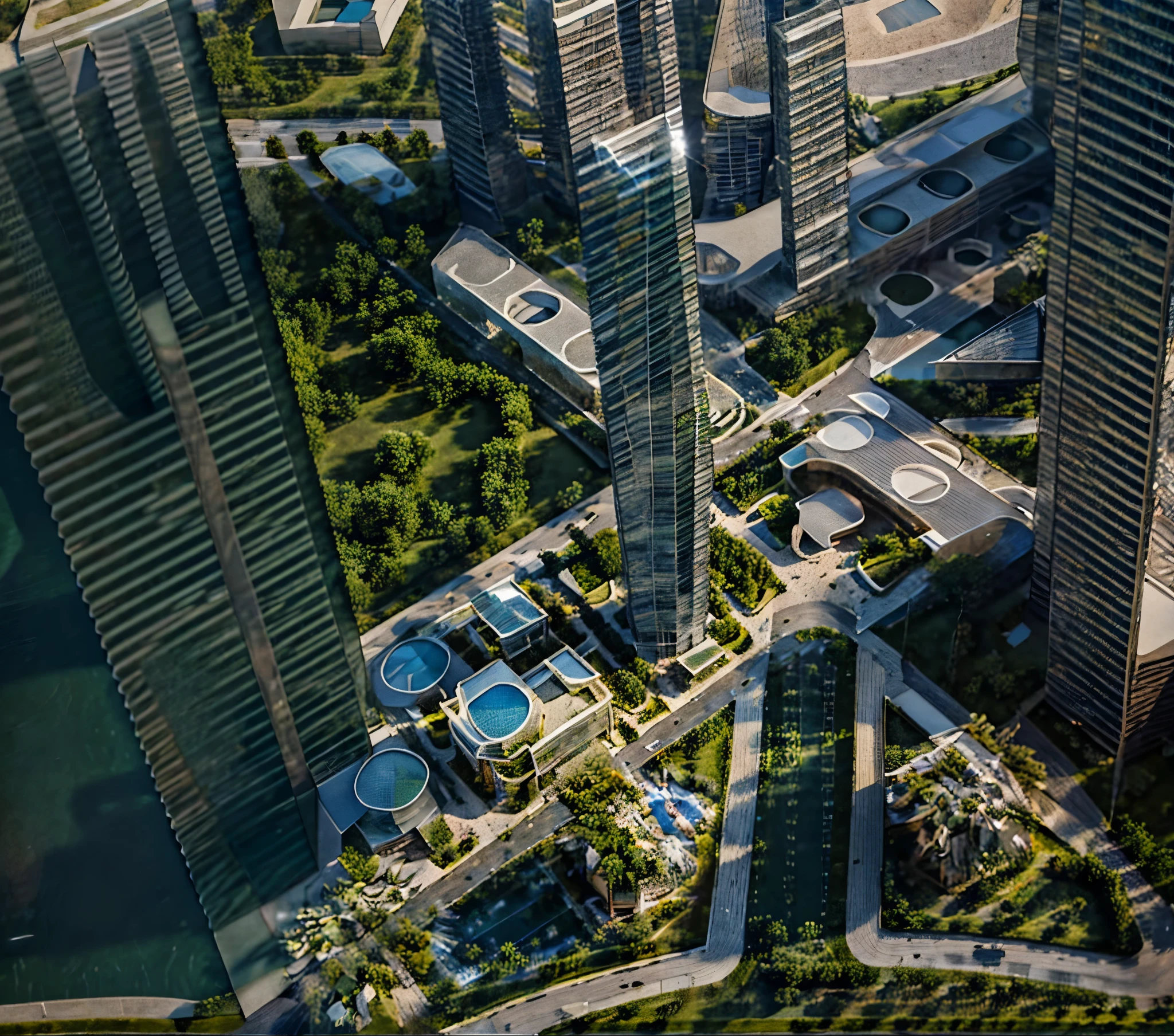 Complex building, 6 towers branching up fromcross shaped lower building , connected at base, in city park, small fountain, pool,, park, roads. Birds eye view , from top . Day light