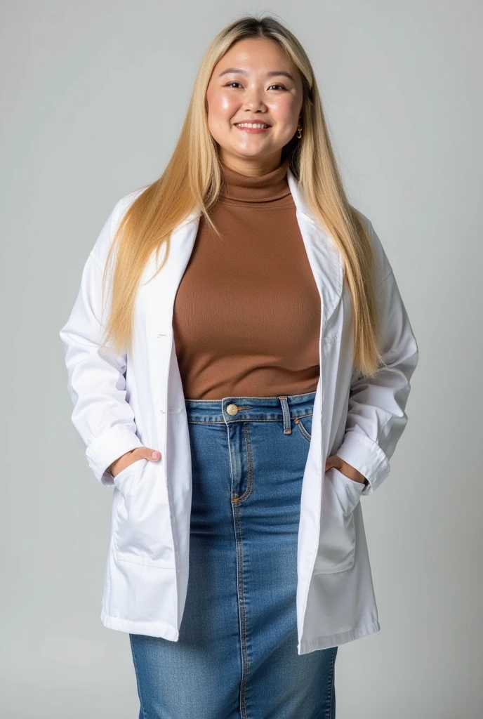 A really fat adorable cute obese ussbbw young redhead fat woman scientist in a lab coat, ginger braided hair, very pretty face, freckled face, freckles on her huge heavy body, huge bloated soft obese belly hanging over thights, very wide hips obese wide thights, huge fat booty, fat arms, in a white covering lab coat and glasses, under the white lab coat a green T-shirt, white jeans, wearing lab clothes in a laboratory