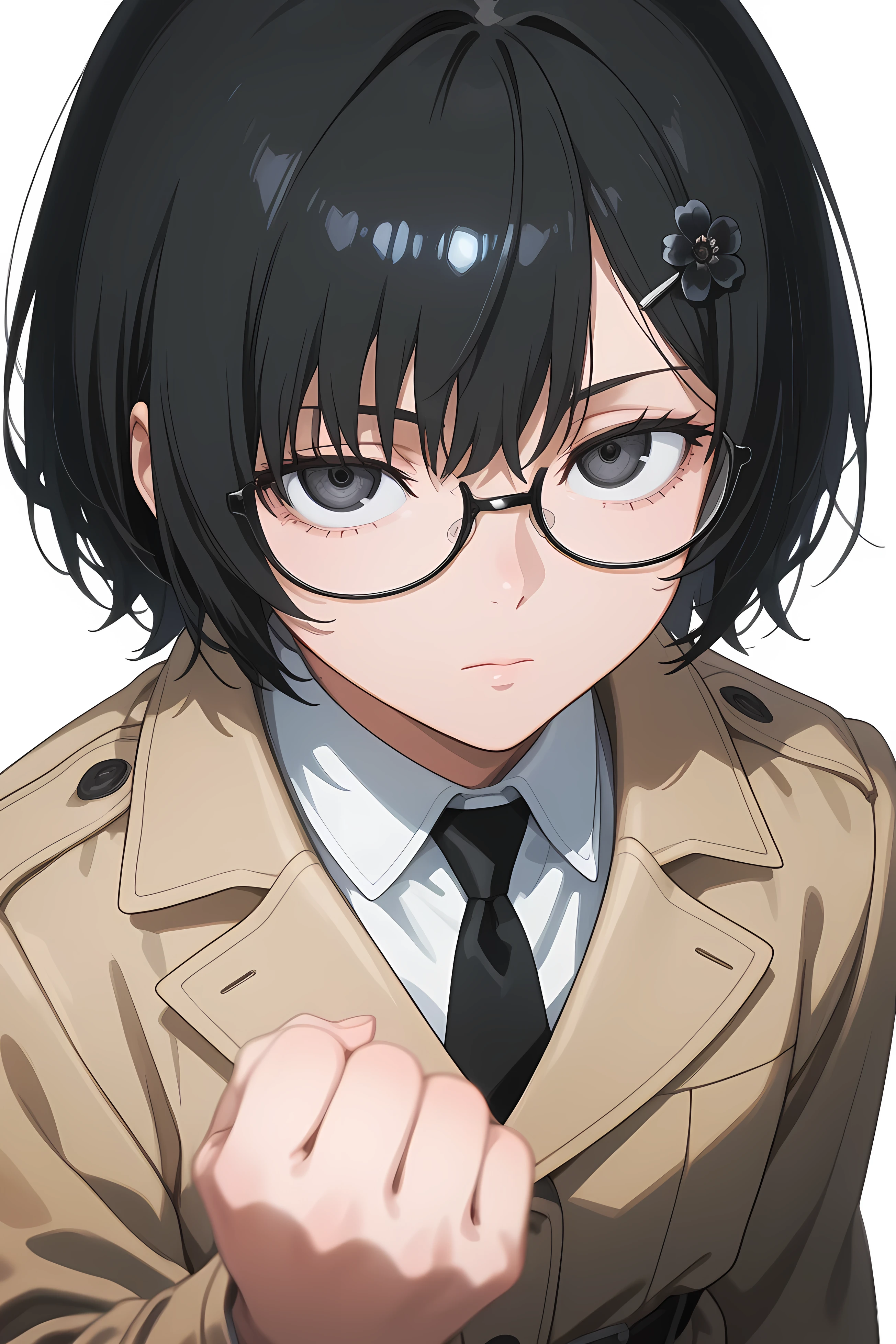 (yoneyama mai:0.8),(watercolor art),realistic,(anime lines:0.7),
materpiece,amazing quality, high quality,best quality, very awa, highres, absurdres,uncensored,very aesthetic,BREAK,
1girl, female focus, short hair, black hair hair, emotionless eyes, black flower hairpin, black oval rimless glasses, fair skin, petite, black suit, black tie, tan trench coat, looking at viewer, from above, upper body, closed mouth, neutral, calm, fist, blank expression, white background, blank background, empty background
BREAK, detailed illustration, detailed background, detailed eyes,depth of field,
materpiece,amazing quality, high quality,best quality, very awa,very aesthetic,