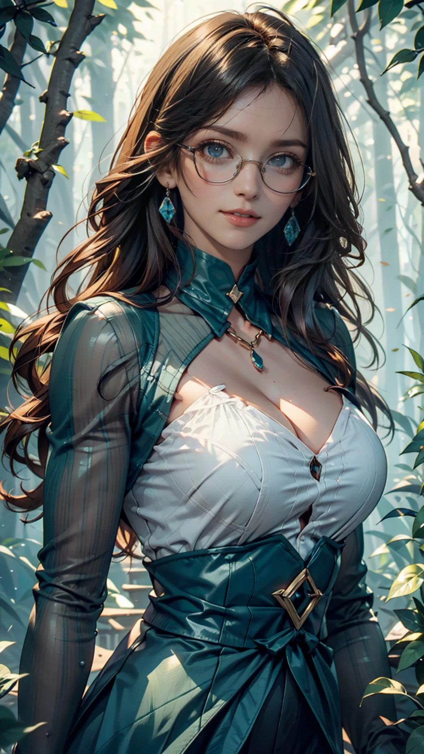 8K, Ultra High Definition, Super detailed, Shiny detailed hair, detailed face, fantasy landscape, solo, looking at viewer, {{best quality}}, {{masterpiece}}, {{ultra-detailed}}, {detailed light}, ultra high quality eyes, detailed eyes, perfect eyes, large eyes, detailed green eyes, red glasses, black and green hair, long hair, tied hair, adorned hair, beautiful, skinny body, white skin, slutty, erotic, suggestive, standing, in a sexy purple-metallic sequin party dress, ((nsfw))