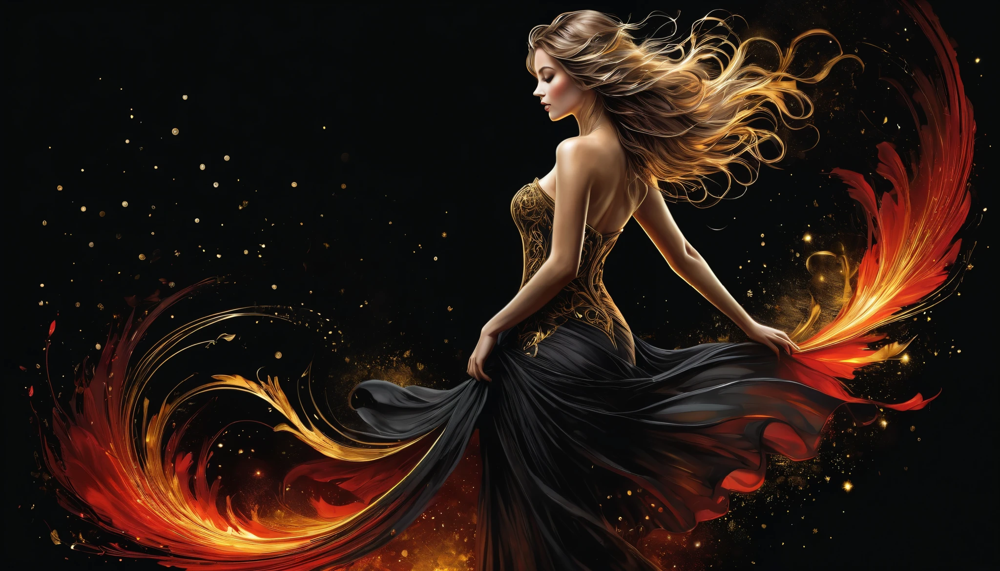 Poster, Full body, Shadow art, red outline drawing on a dark black background, red light from behind, Red outline silhouette, flowing hair, "(silhouette of a beautiful (young) woman), ideal physique, slender graceful forms, charming modesty , (shy) perfection in [stylish] bodycon black silk dress, 8k resolution, full body" Side View, Shadows, Mysterious, style of Jean Baptiste Monge, Thomas Kinkade, David Palumbo, Carne Griffiths.
golden patterns, golden and black spirit, liquid gold explosion, golden smoke magic, star dust, golden milky way, black background, magic fog, alcohol ink,