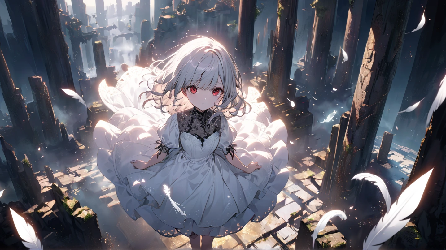 (masterpiece), best quality, 1girl, original, (purple Backless Dress), orange dress flower, feet out of frame, face, rolling eyes, toothsome, covering mouth, grey eyes, grey hair, forestscapes floating castle <lora:S12 v4 e0.6_28800:0.75>