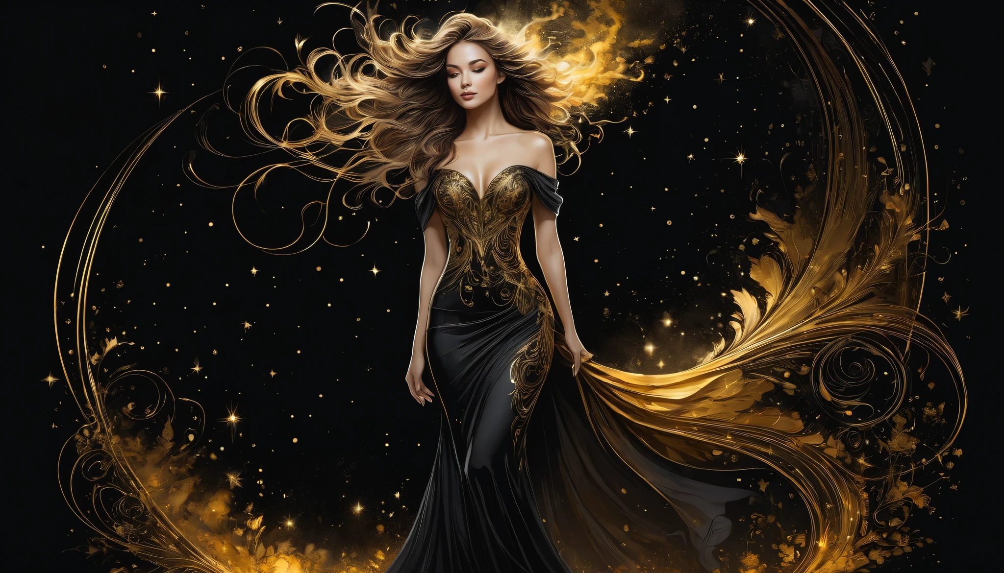Poster, Full body, Shadow art, red outline drawing on a dark black background, red light from behind, Red outline silhouette, flowing hair, "(silhouette of a beautiful (young) woman), ideal physique, slender graceful forms, charming modesty , (shy) perfection in [stylish] bodycon black silk dress, 8k resolution, full body" Side View, Shadows, Mysterious, style of Jean Baptiste Monge, Thomas Kinkade, David Palumbo, Carne Griffiths.
golden patterns, golden and black spirit, liquid gold explosion, golden smoke magic, star dust, golden milky way, black background, magic fog, alcohol ink,